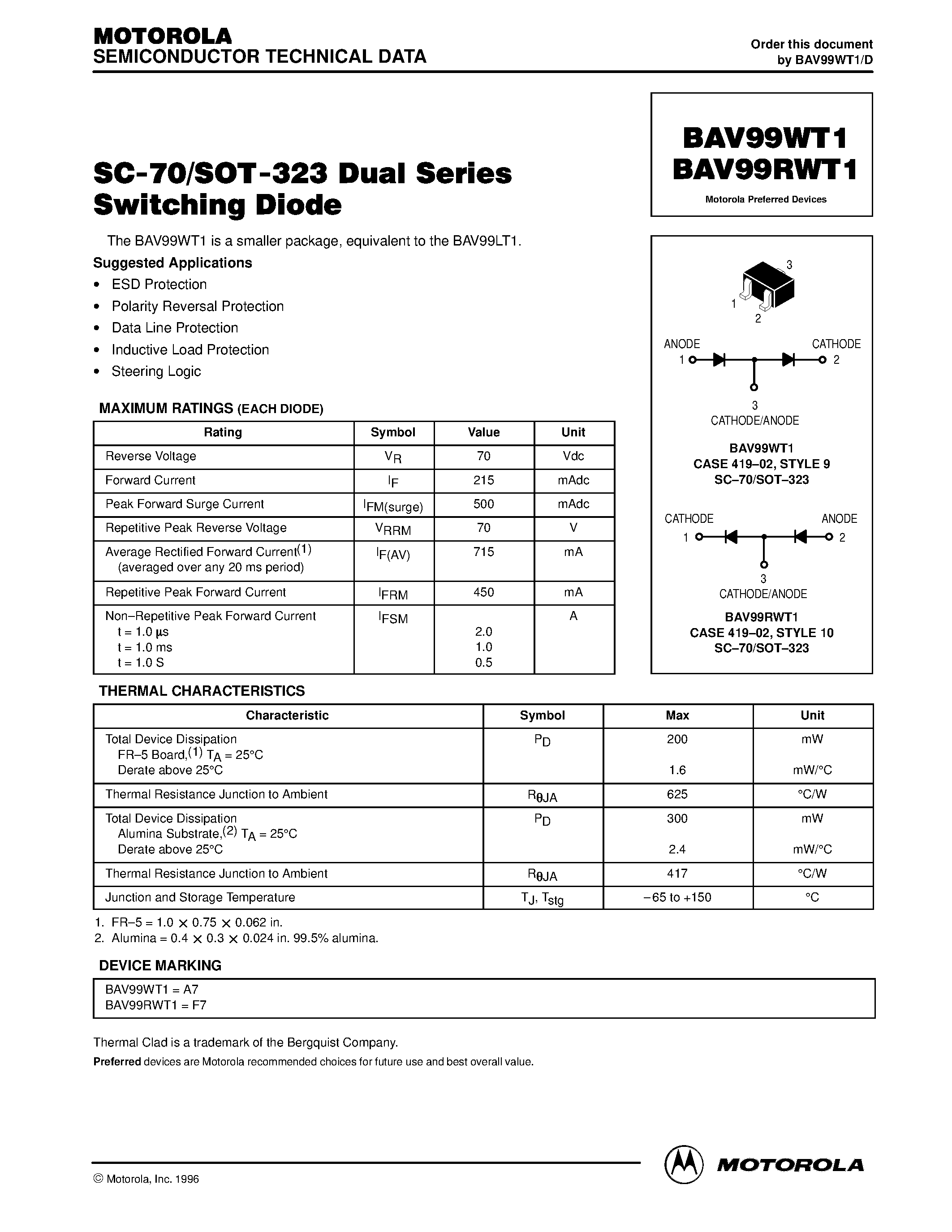 Datasheet BAV99 page 1 Datasheet BAV99 - SC-70/SOT-323 Dual Series Switching Diode page 1