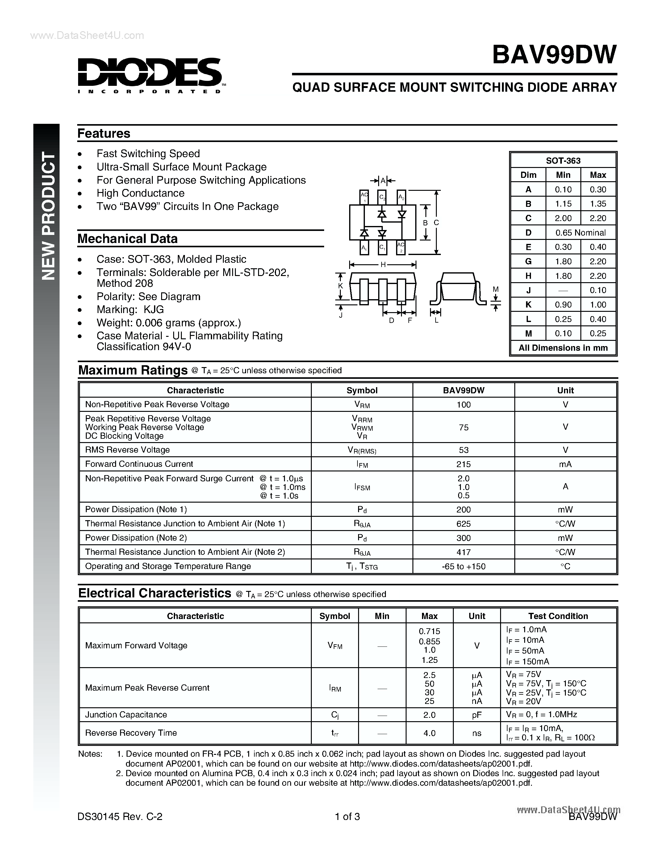 Datasheet BAV99DW - QUAD SURFACE MOUNT SWITCHING DIODE ARRAY page 1