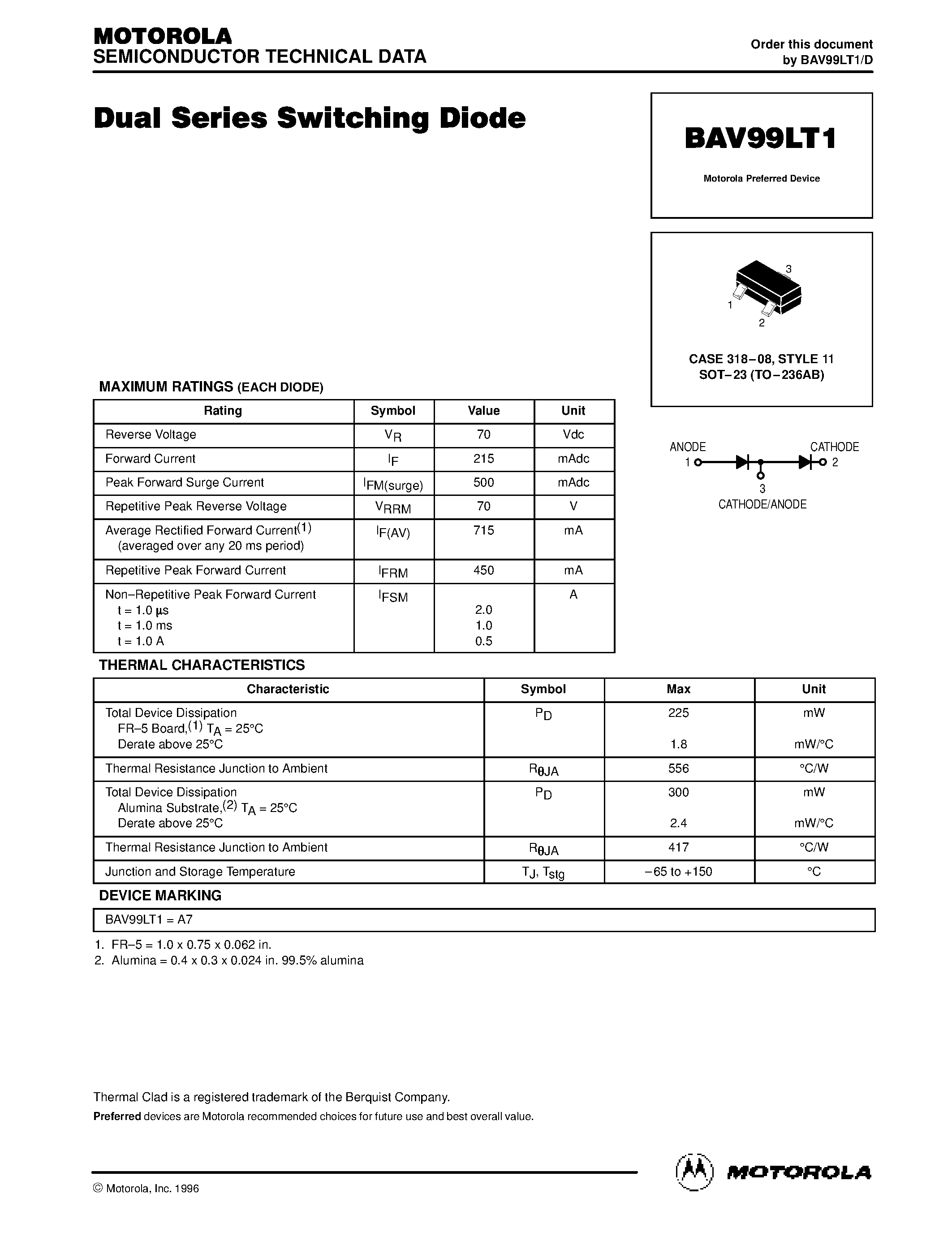 Datasheet BAV99LT1 page 1 Datasheet BAV99LT1 - Dual Series Switching Diode page 1