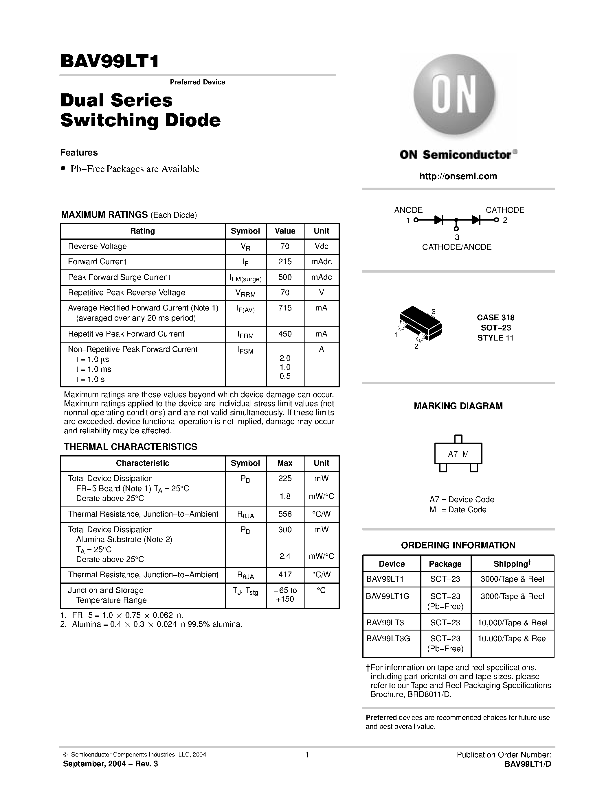 Datasheet BAV99LT1 page 1 Datasheet BAV99LT1 - Monolithic Dual Switching Diode page 1