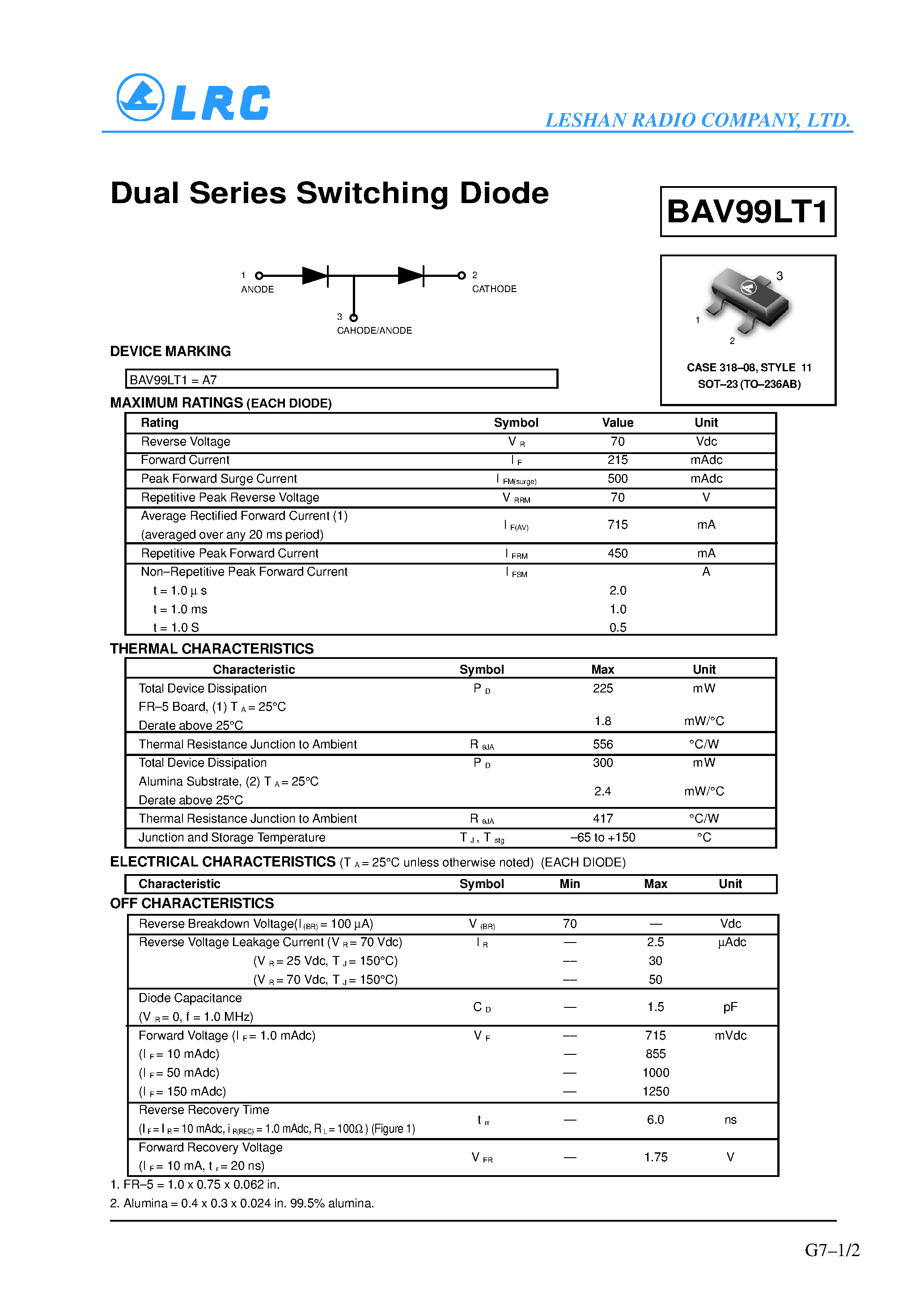 Datasheet BAV99LT1 page 1 Datasheet BAV99LT1 - Dual Series Switching Diode page 1