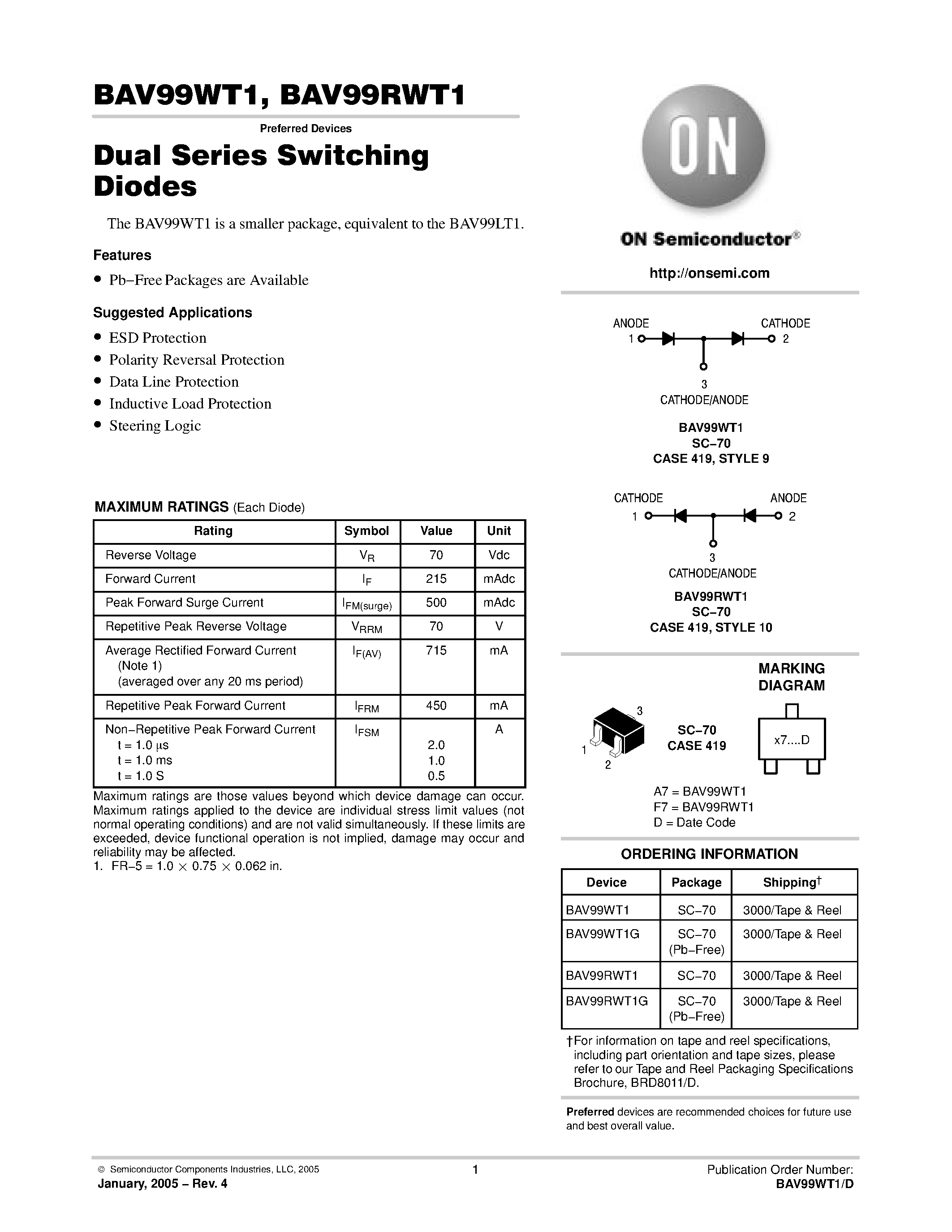 Datasheet BAV99RWT1 page 1 Datasheet BAV99RWT1 - SC-70/SOT-323 Dual Series Switching Diode page 1