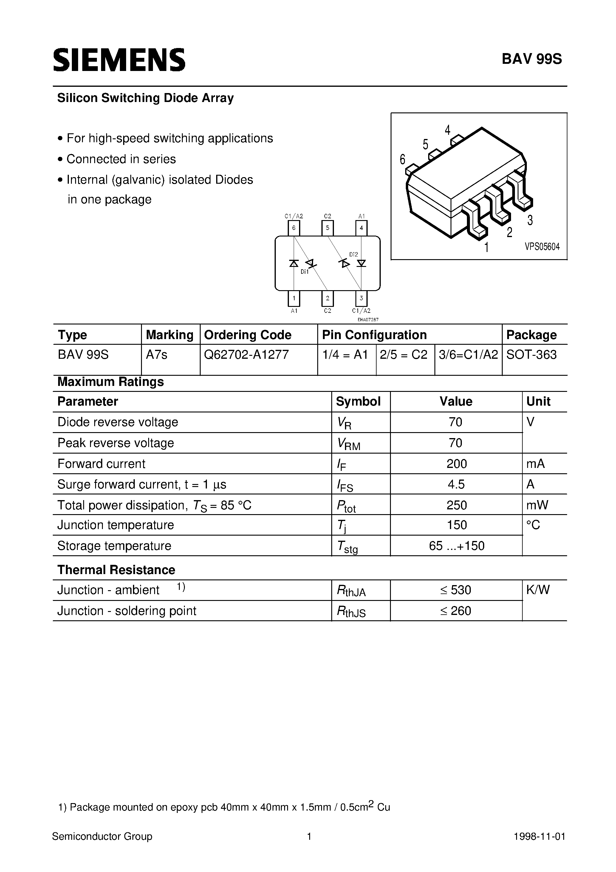 Даташит на микросхему BAV99S страница 1 Даташит BAV99S - Silicon Switching Diode Array (For high-speed switching applications Connected in series Internal galvanic isolated Diodes in one package) страница 1