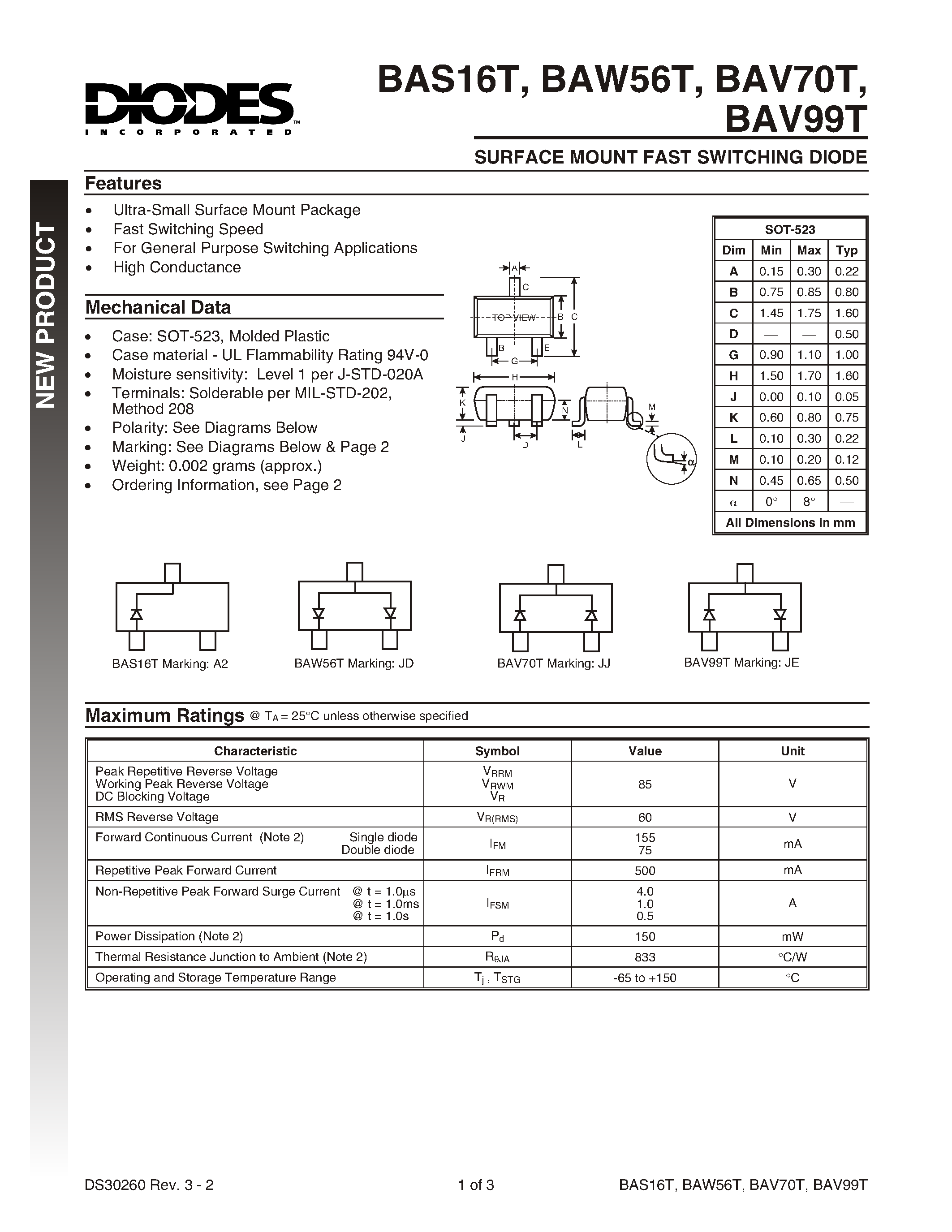 Datasheet BAV99T - SURFACE MOUNT FAST SWITCHING DIODE page 1