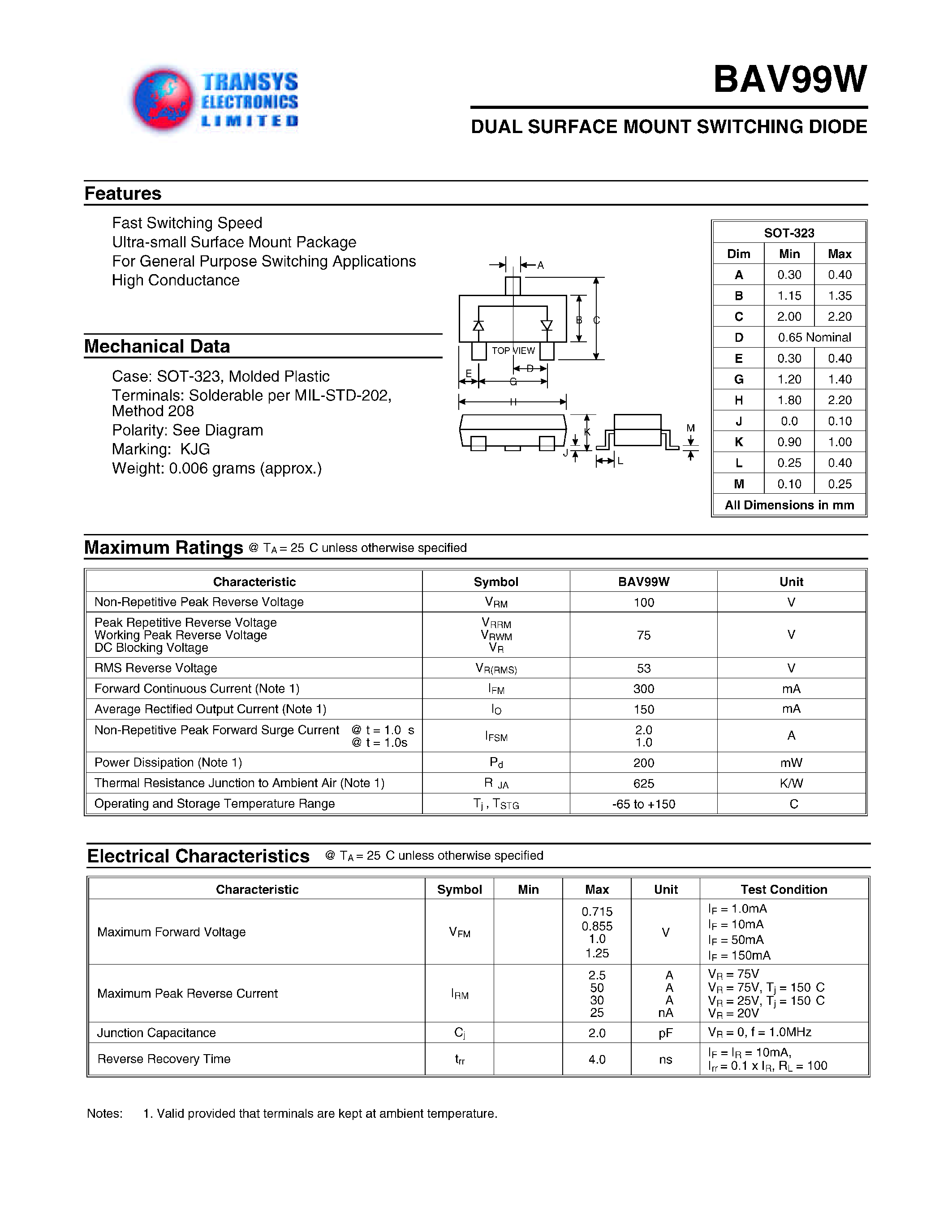 Datasheet BAV99W page 1 Datasheet BAV99W - DUAL SURFACE MOUNT SWITCHING DIODE page 1