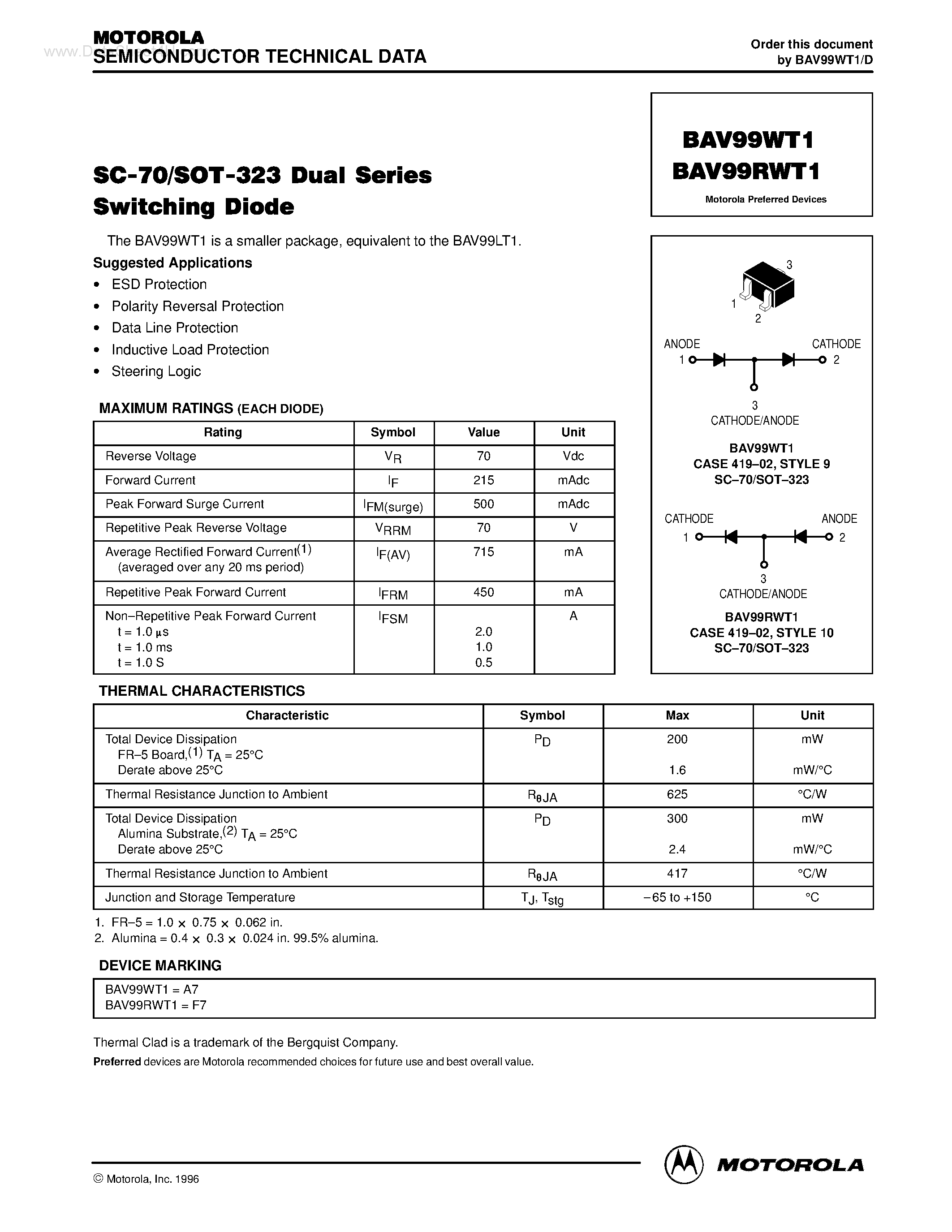 Datasheet BAV99WT1 page 1 Datasheet BAV99WT1 - SC-70/SOT-323 Dual Series Switching Diode page 1