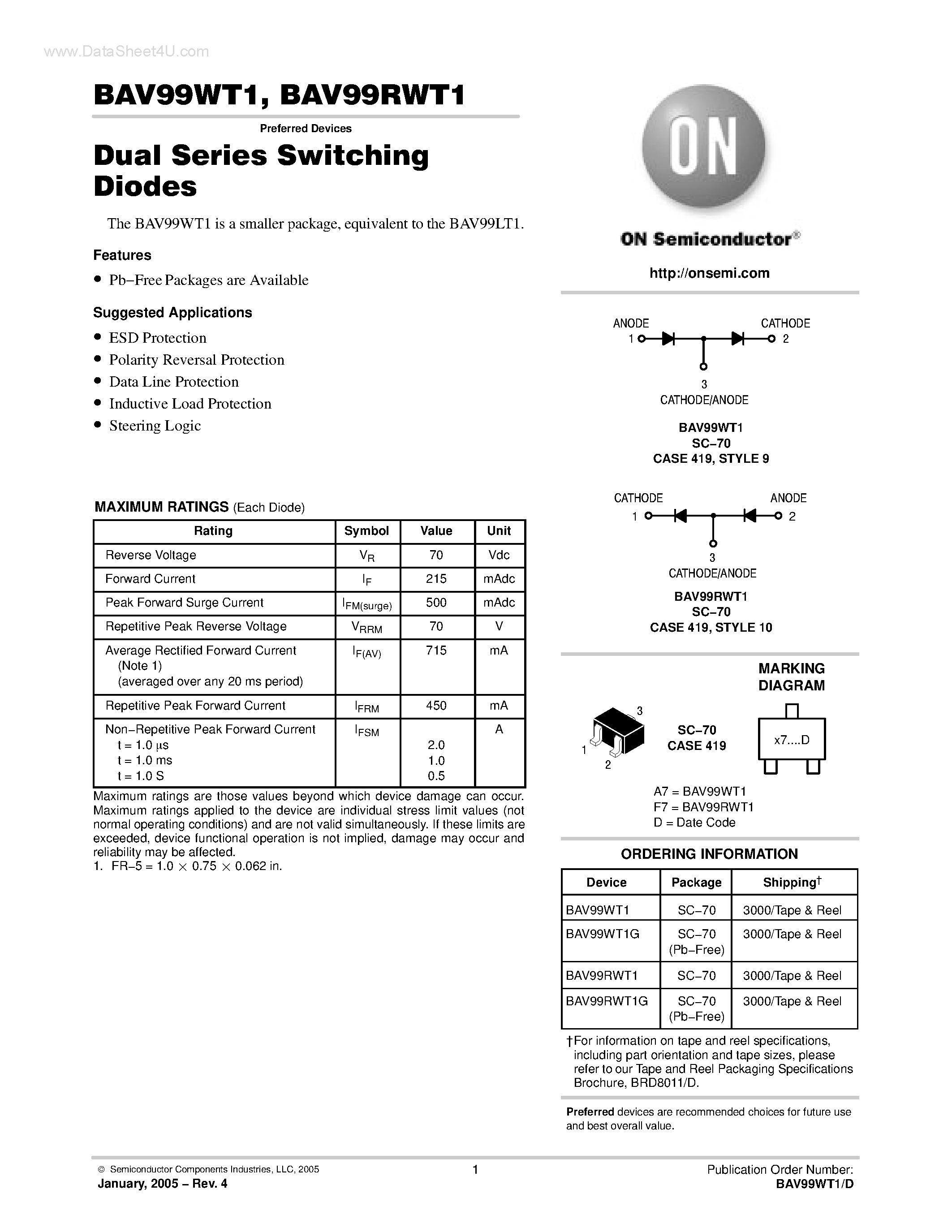 Datasheet BAV99WT1 page 1 Datasheet BAV99WT1 - SC-70/SOT-323 Dual Series Switching Diode page 1