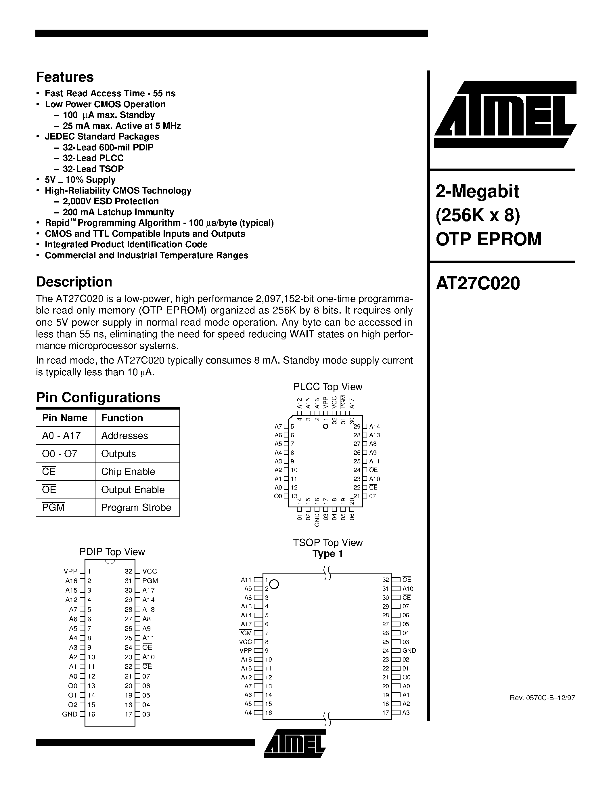 Даташит на микросхему AT27C020-12JC страница 1 Даташит AT27C020-12JC - 2-Megabit 256K x 8 OTP EPROM страница 1
