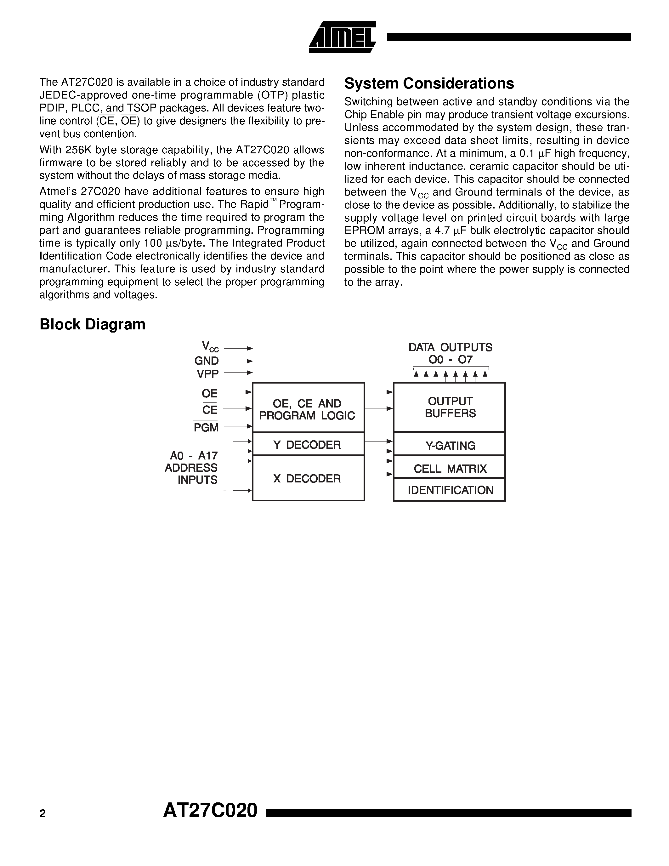 Datasheet AT27C020-70JC - 2-Megabit 256K x 8 OTP EPROM page 2
