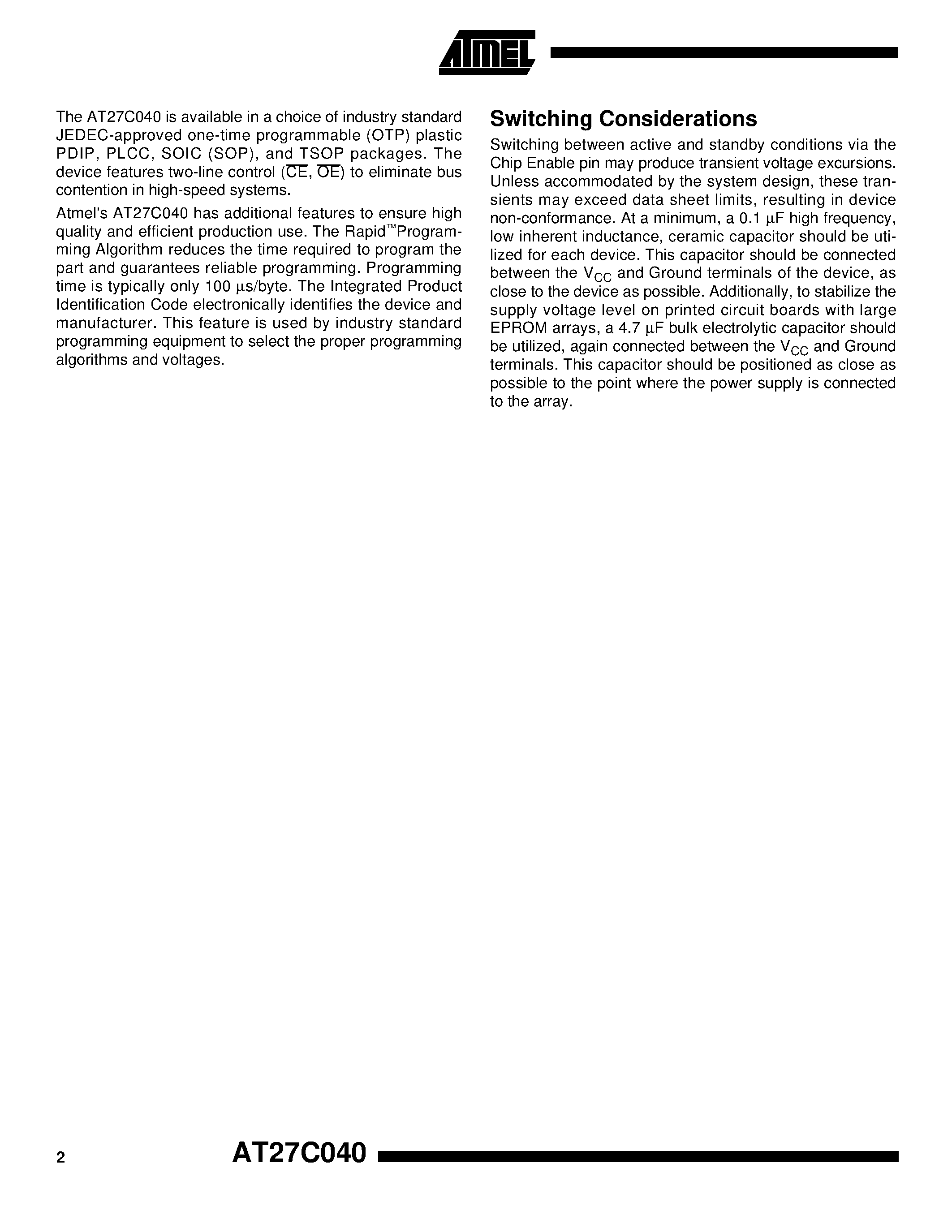 Datasheet AT27C040-12JC - 4-Megabit 512K x 8 OTP EPROM page 2