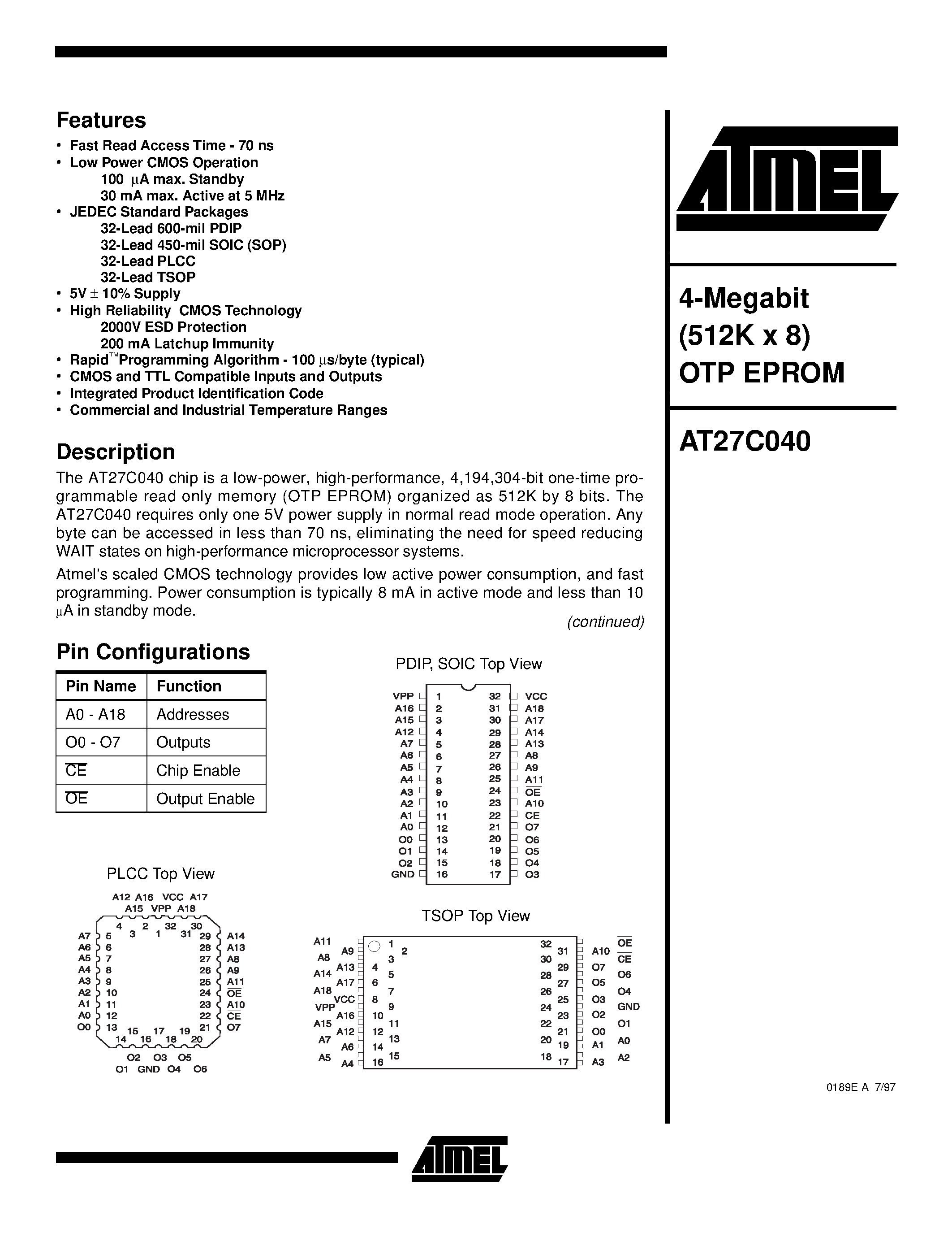 Datasheet AT27C040-12RC - 4-Megabit 512K x 8 OTP EPROM page 1