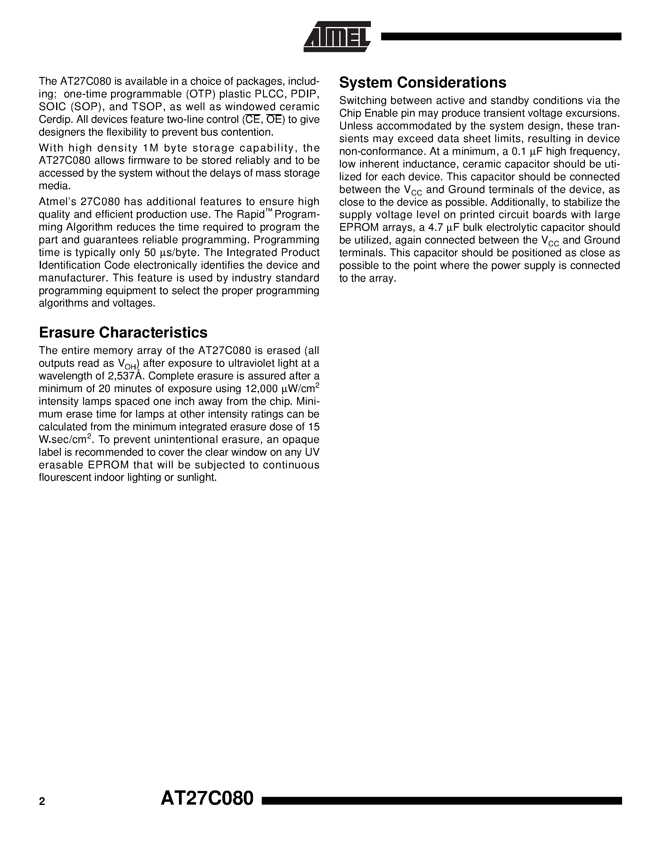 Datasheet AT27C080-10DC - 8-Megabit 1M x 8 UV Erasable CMOS EPROM page 2