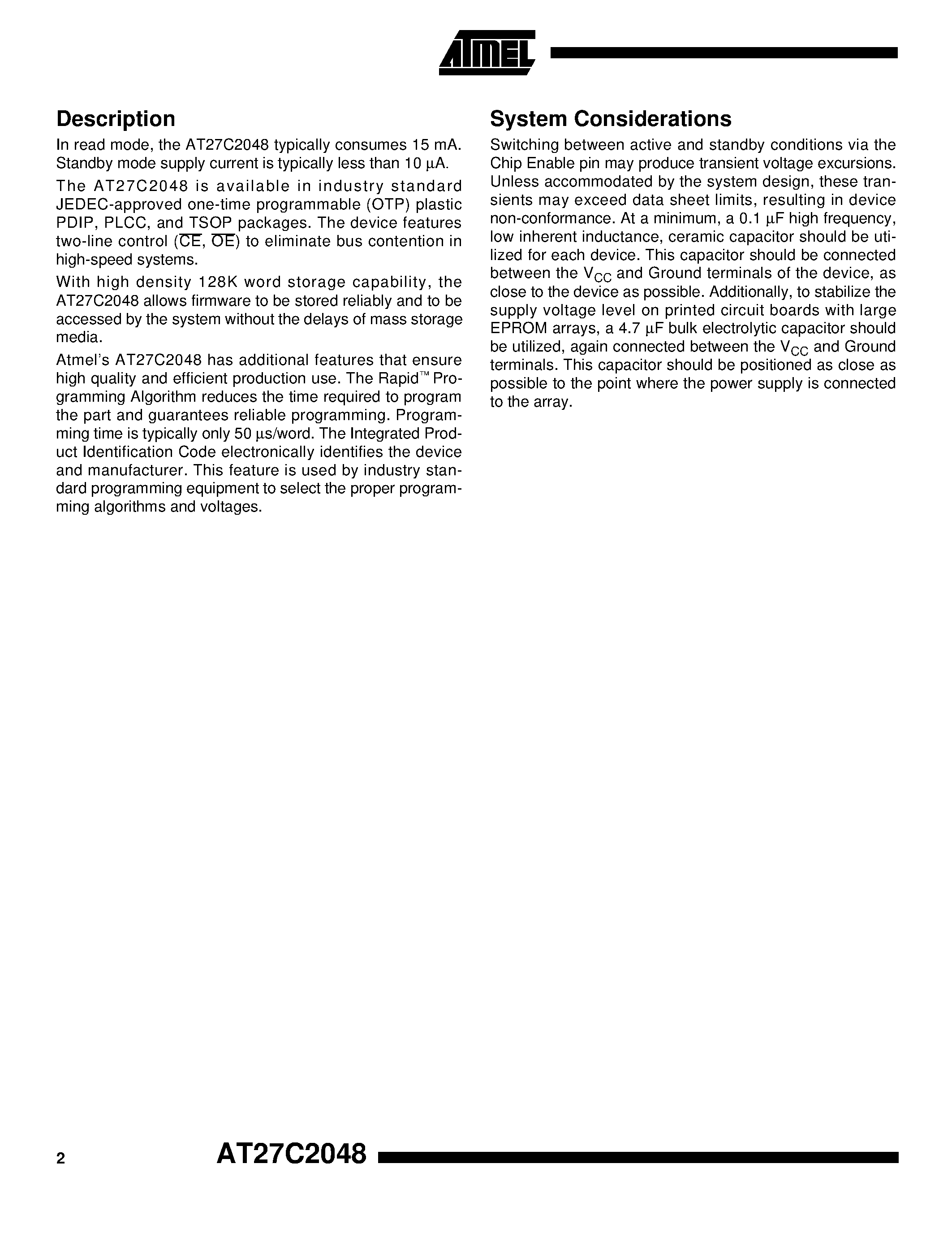 Datasheet AT27C2048-15VC page 2 Datasheet AT27C2048-15VC - 2-Megabit 128K x 16 OTP EPROM page 2