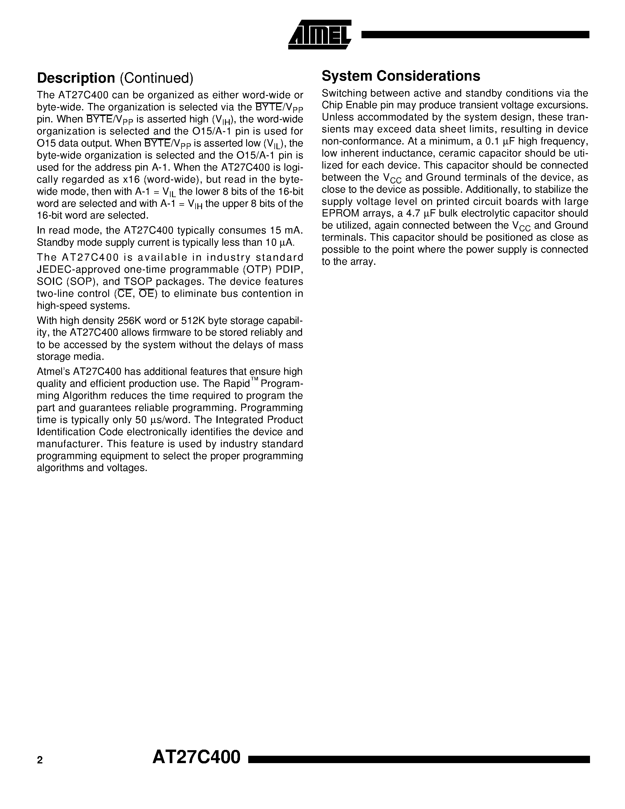Datasheet AT27C400-70PI page 2 Datasheet AT27C400-70PI - 4-Megabit 256K x 16 or 512K x 8 OTP EPROM page 2
