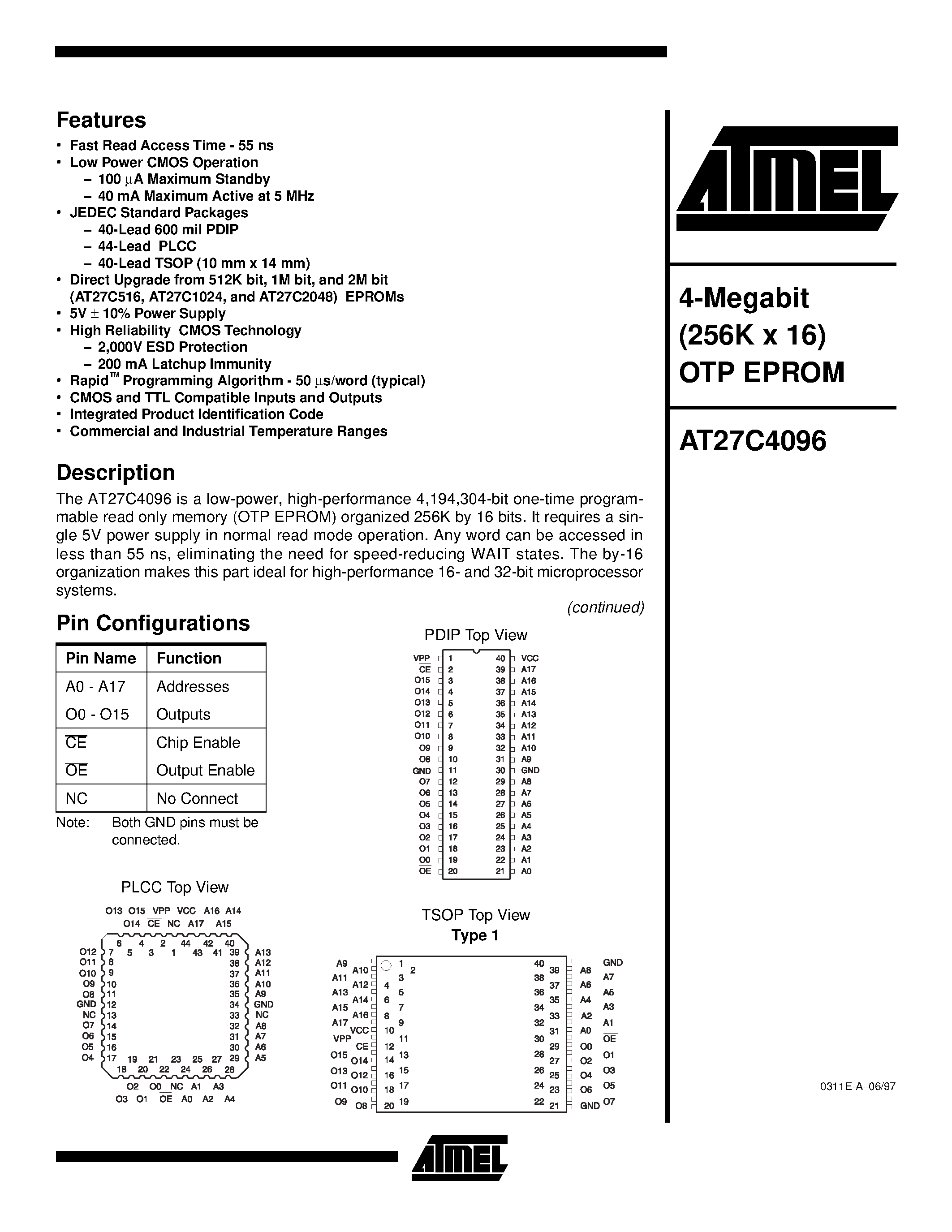 Datasheet AT27C4096-15VC - 4-Megabit 256K x 16 OTP EPROM page 1