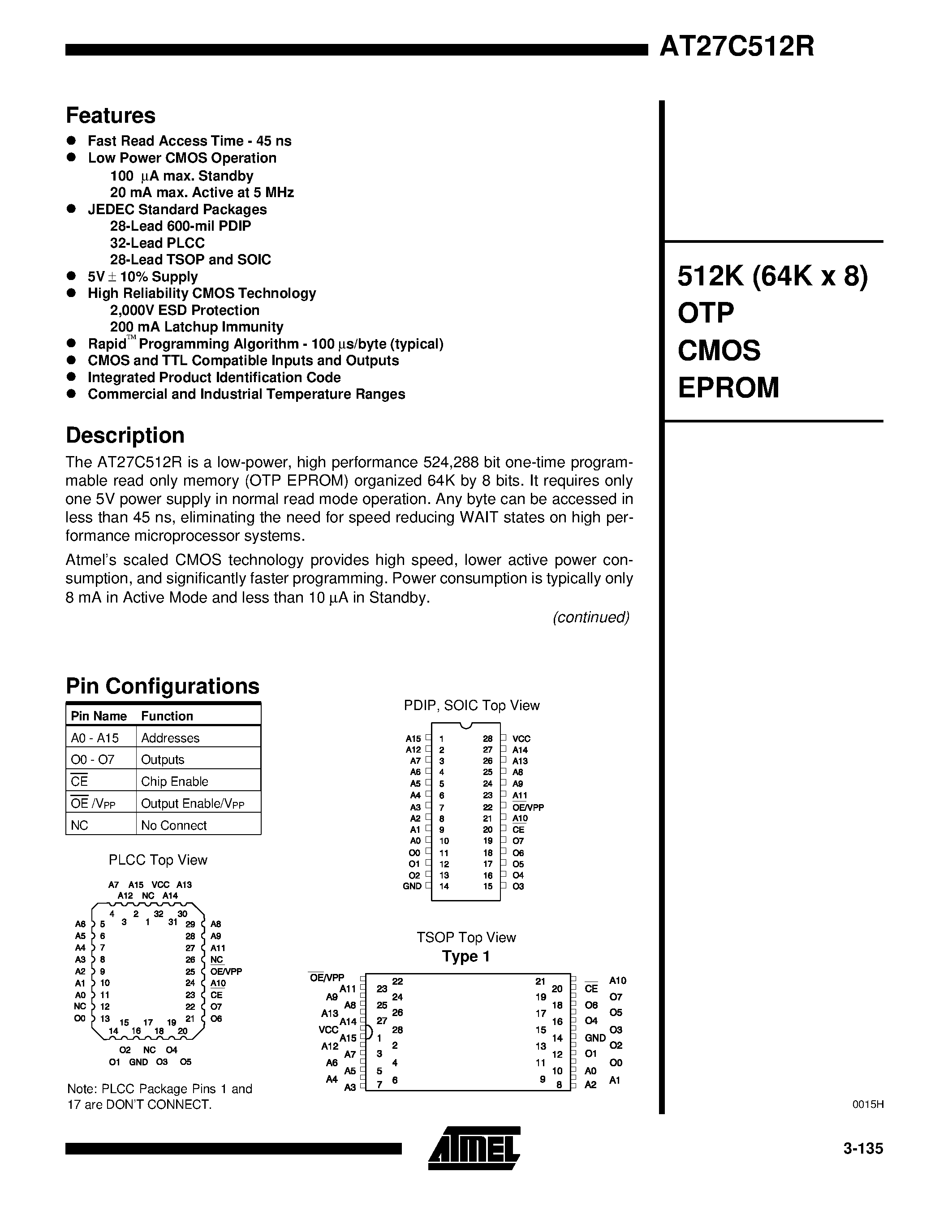Datasheet AT27C512R-90PI - 512K 64K x 8 OTP CMOS EPROM page 1