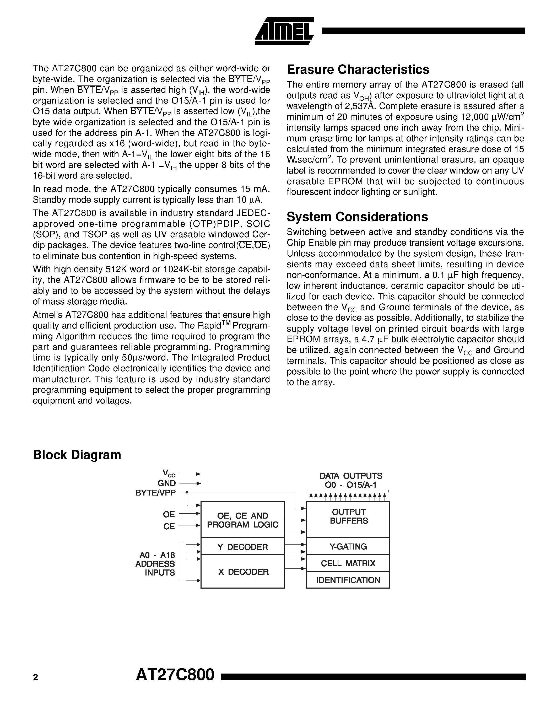 Datasheet AT27C800-10RC page 2 Datasheet AT27C800-10RC - 8-Megabit 512K x 16 or 1024K x 8 UV Erasable EPROM page 2