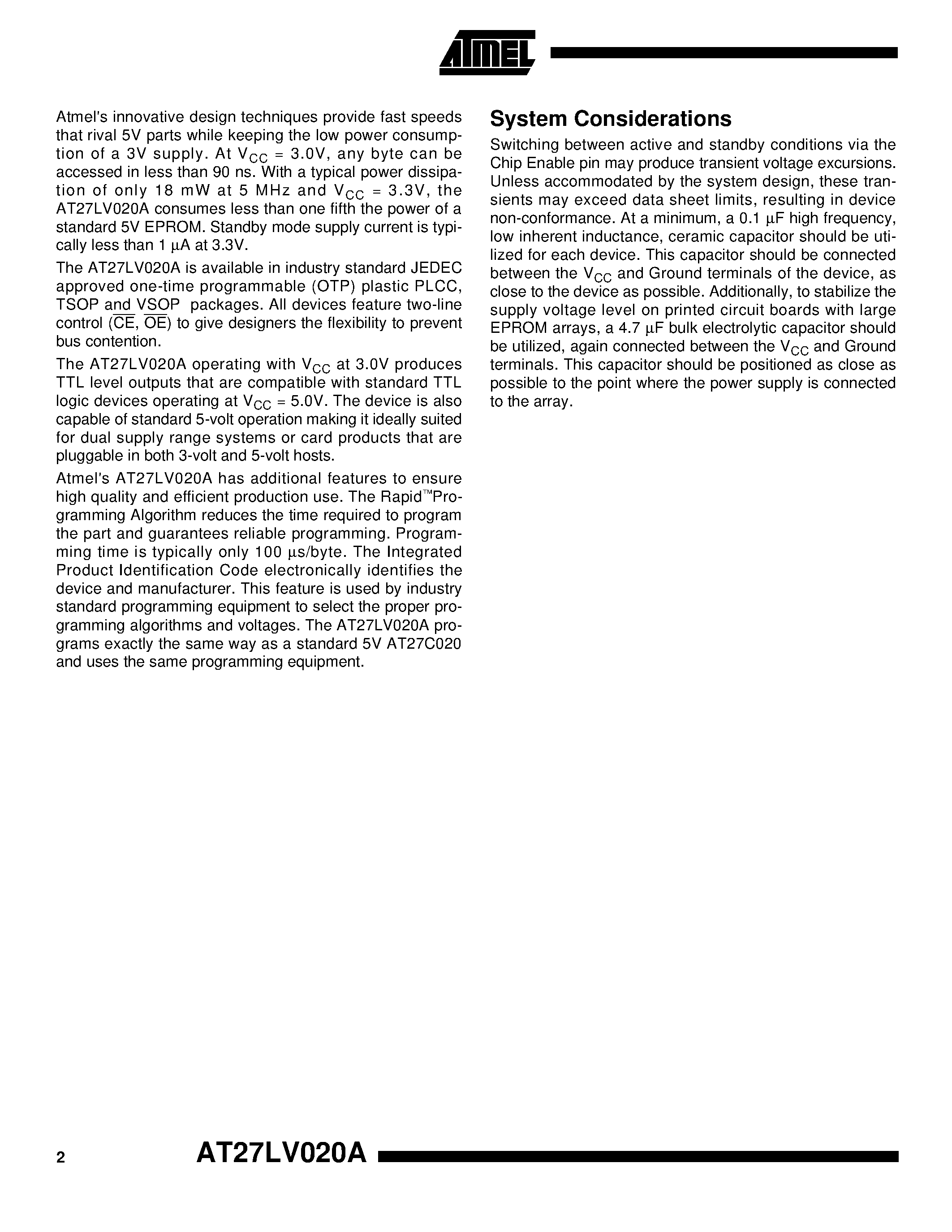 Datasheet AT27LV020A-12 page 2 Datasheet AT27LV020A-12 - 2 Megabit 256K x 8 Low Voltage OTP EPROM page 2
