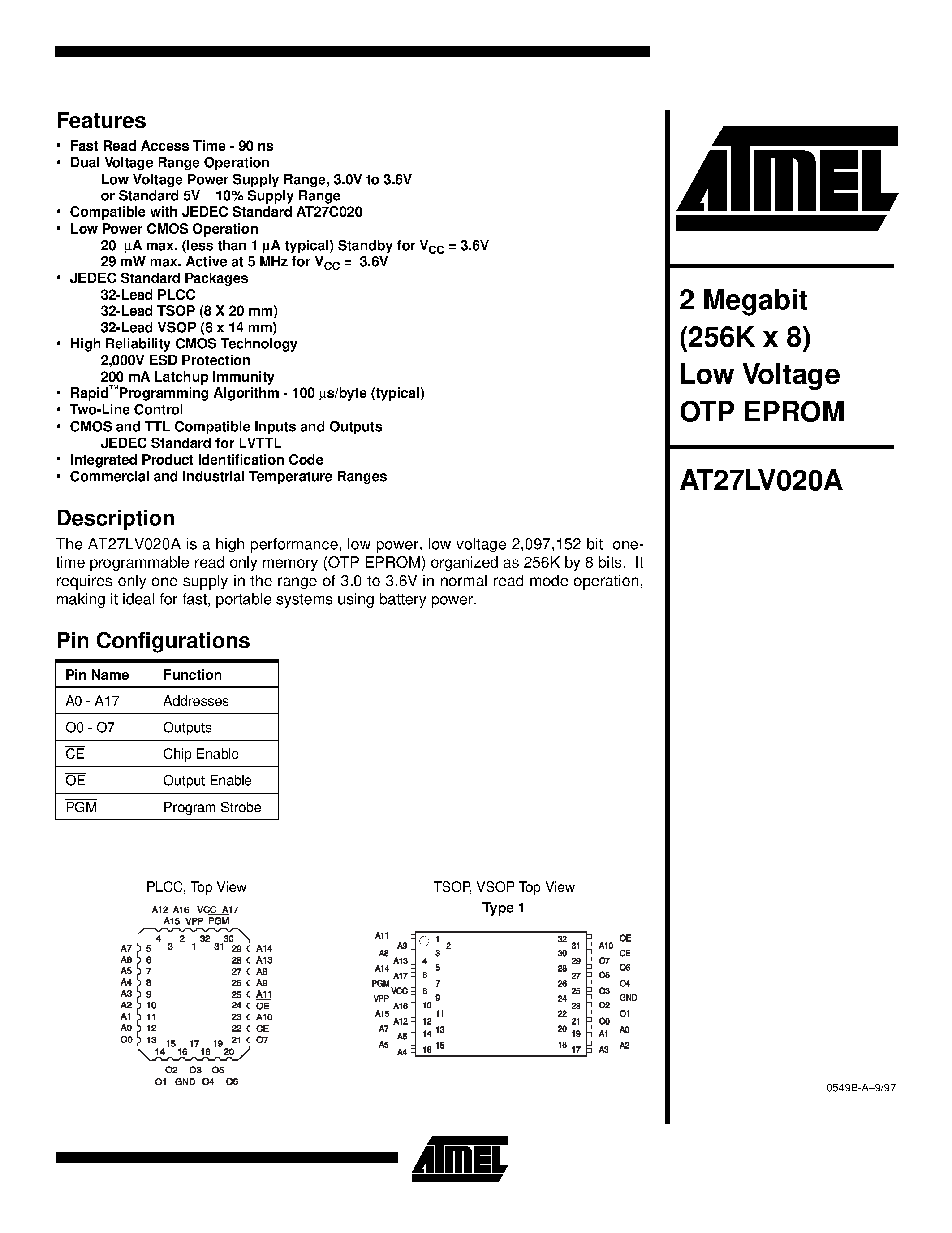 Даташит AT27LV020A-15VI - 2 Megabit 256K x 8 Low Voltage OTP EPROM страница 1