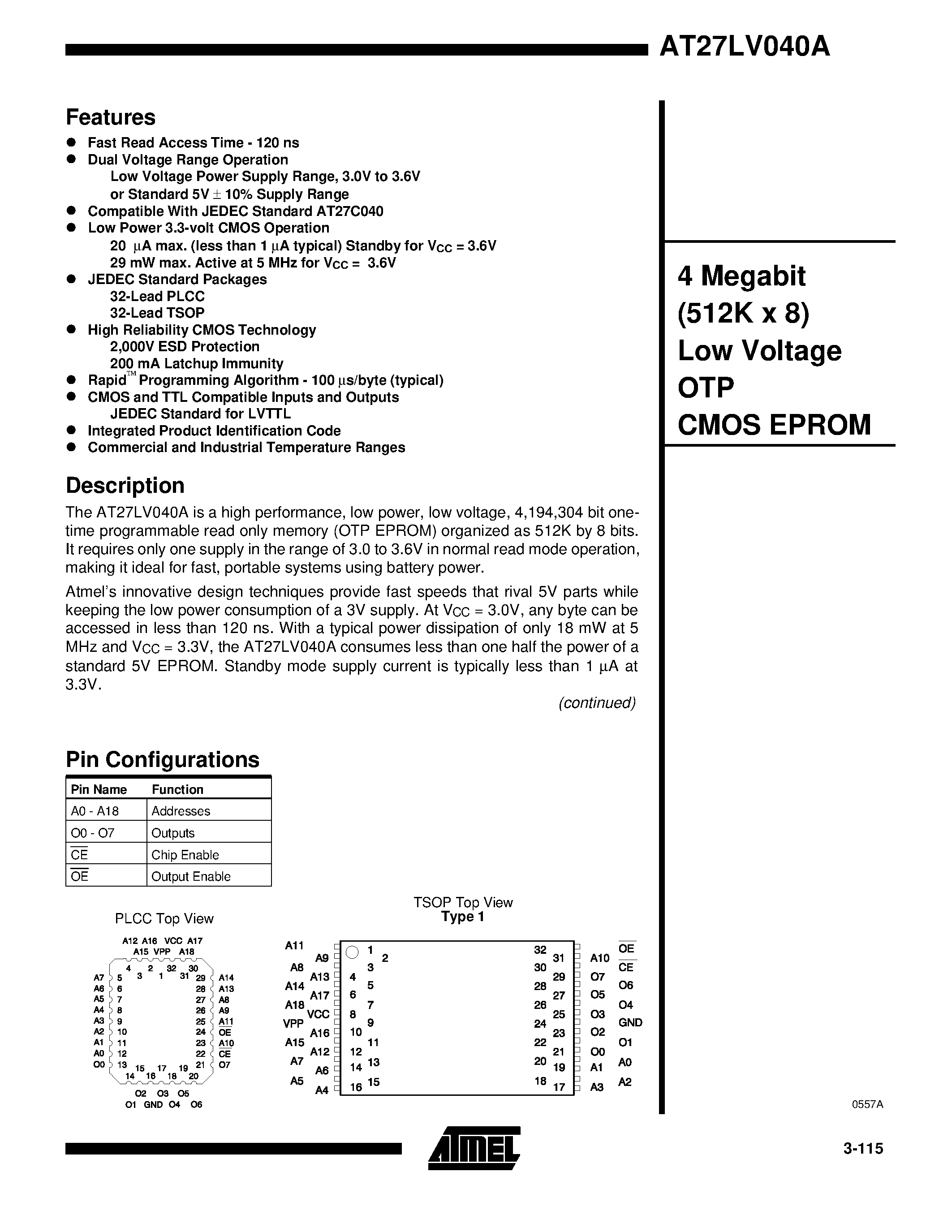 Datasheet AT27LV040A-12TC - 4 Megabit 512K x 8 Low Voltage OTP CMOS EPROM page 1