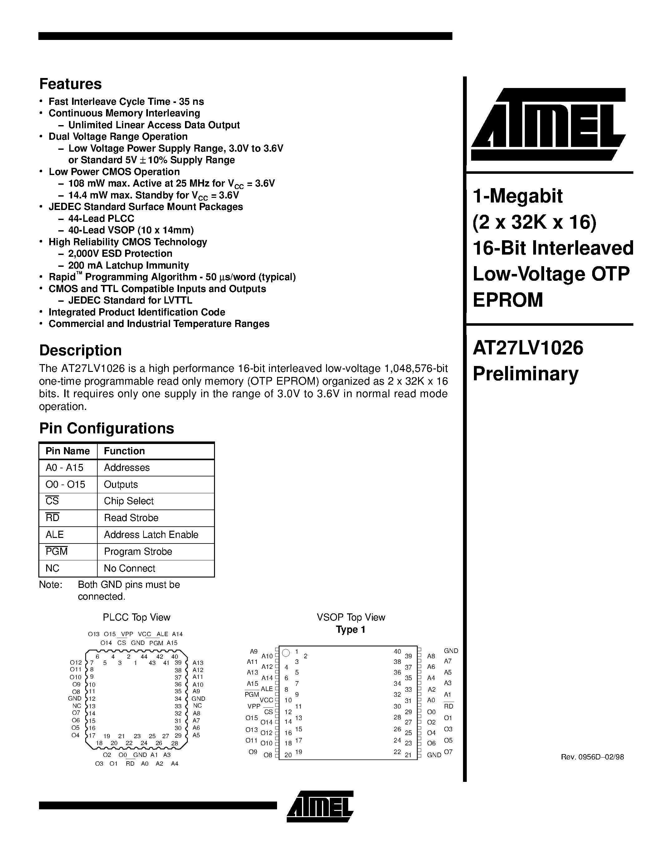Datasheet AT27LV1026-45VI - 1-Megabit 2 x 32K x 16 16-Bit Interleaved Low-Voltage OTP EPROM page 1