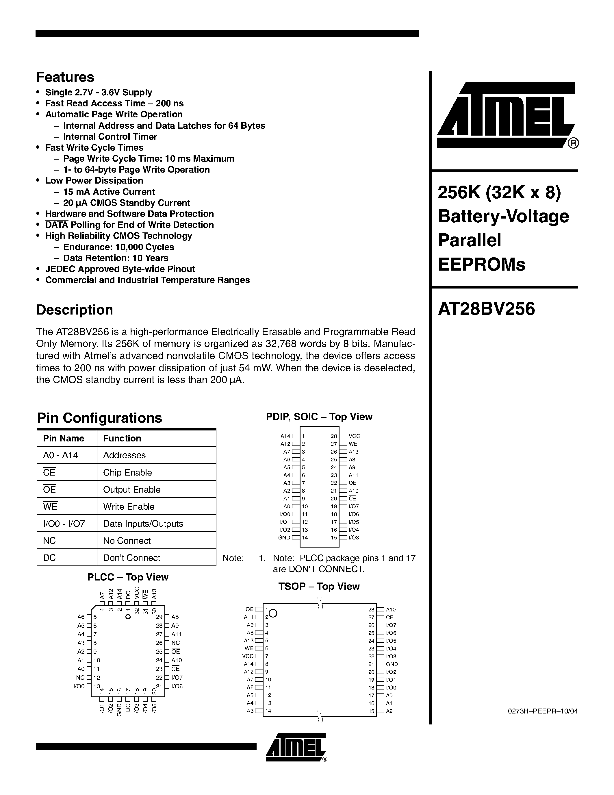 Даташит AT28BV256 - 256K (32K x 8) Battery-Voltage Parallel EEPROMs страница 1