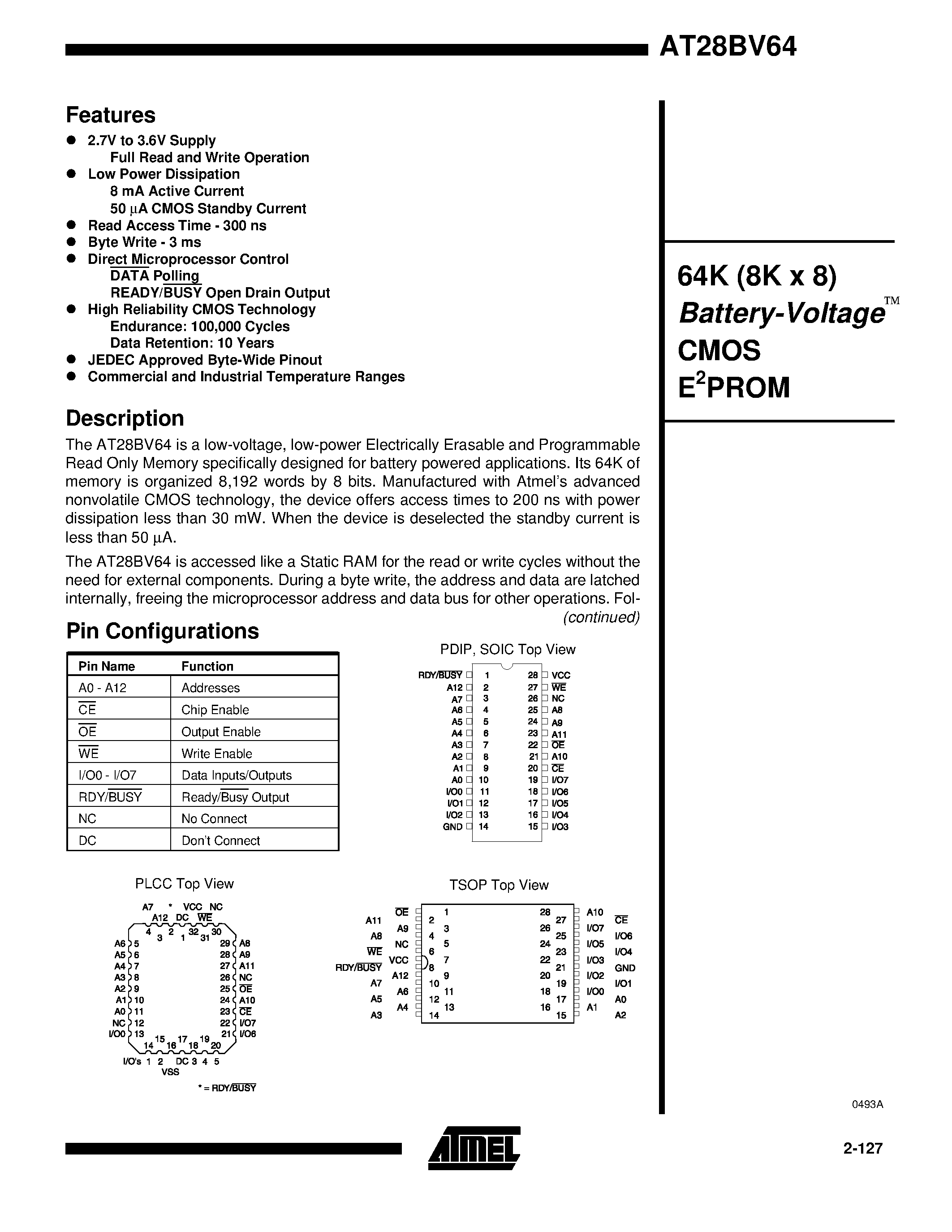 Даташит на микросхему AT28BV64-30JC страница 1 Даташит AT28BV64-30JC - 64K 8K x 8 Battery-Voltage CMOS E2PROM страница 1
