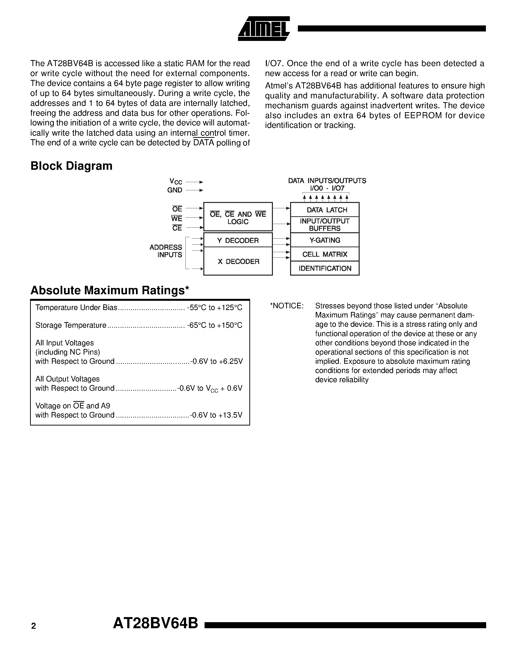 Даташит на микросхему AT28BV64B страница 2 Даташит AT28BV64B - 64K (8K x 8) Battery-Voltage Parallel EEPROM with Page Write and Software Data Protection страница 2