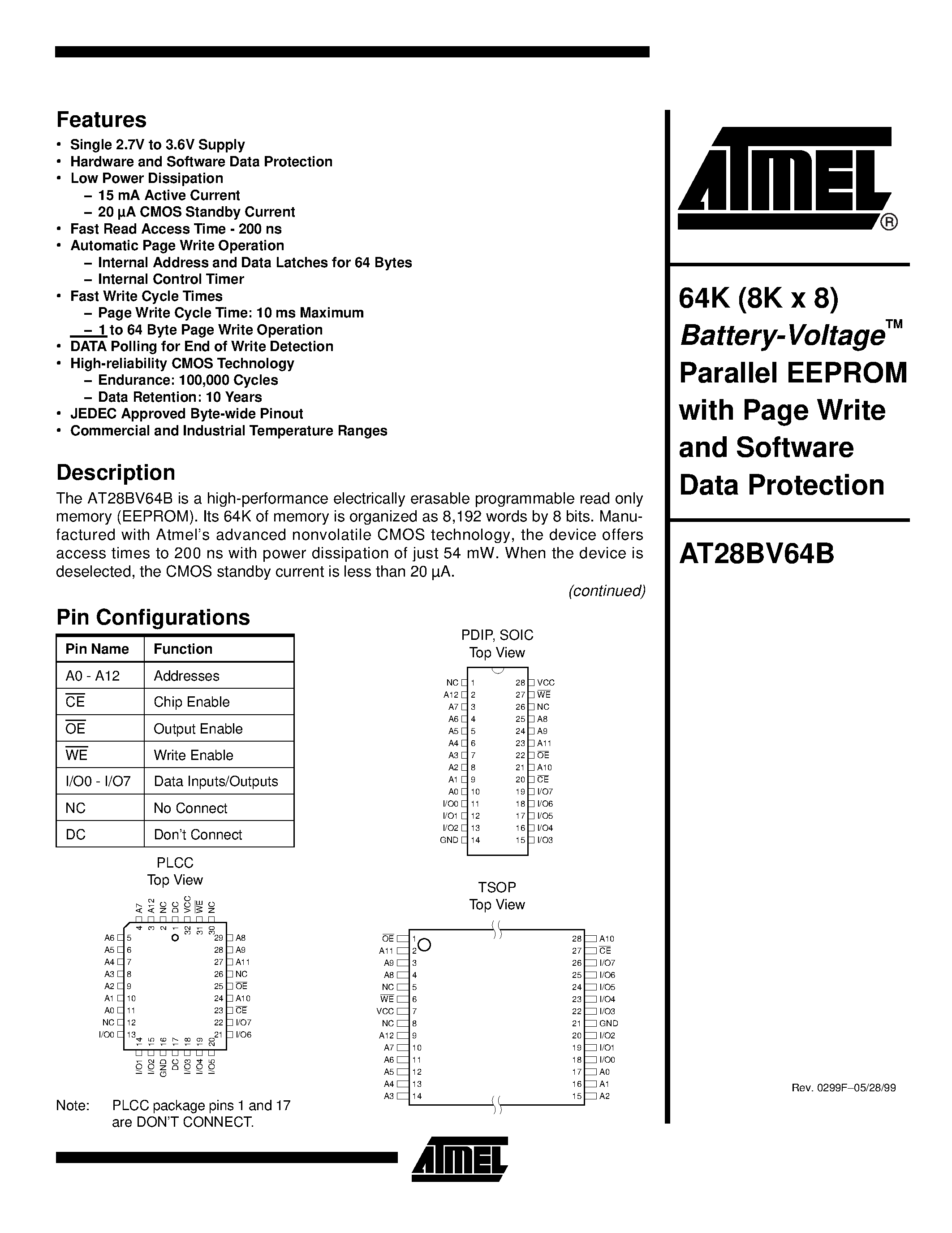 Даташит AT28BV64B-20PC - 64K (8K x 8) Battery-Voltage Parallel EEPROM with Page Write and Software Data Protection страница 1