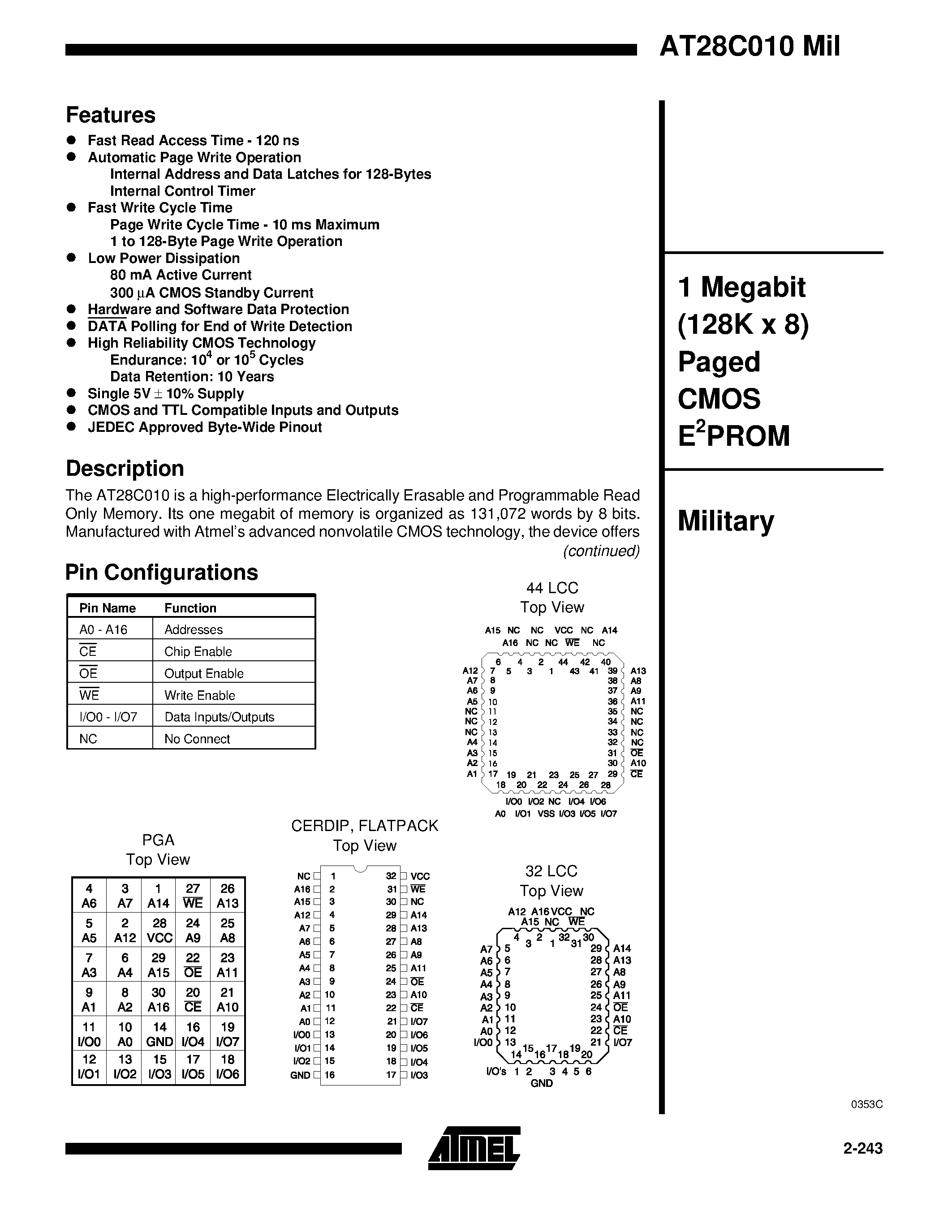 Даташит на микросхему AT28C010-25LM/883 страница 1 Даташит AT28C010-25LM/883 - 1 Megabit 128K x 8 Paged CMOS E2PROM страница 1