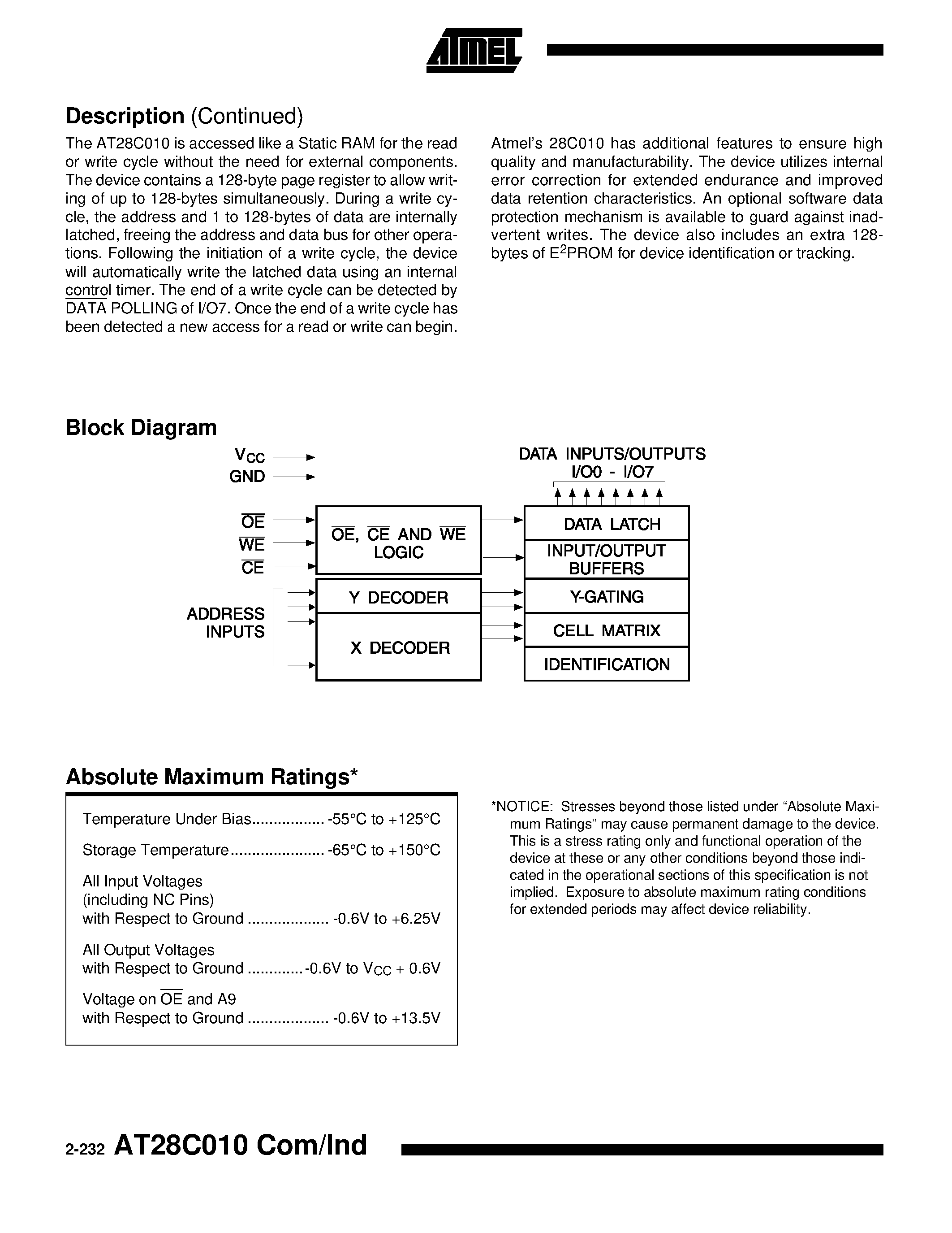 Даташит AT28C010E-12JI - 1 Megabit 128K x 8 Paged CMOS E2PROM страница 2