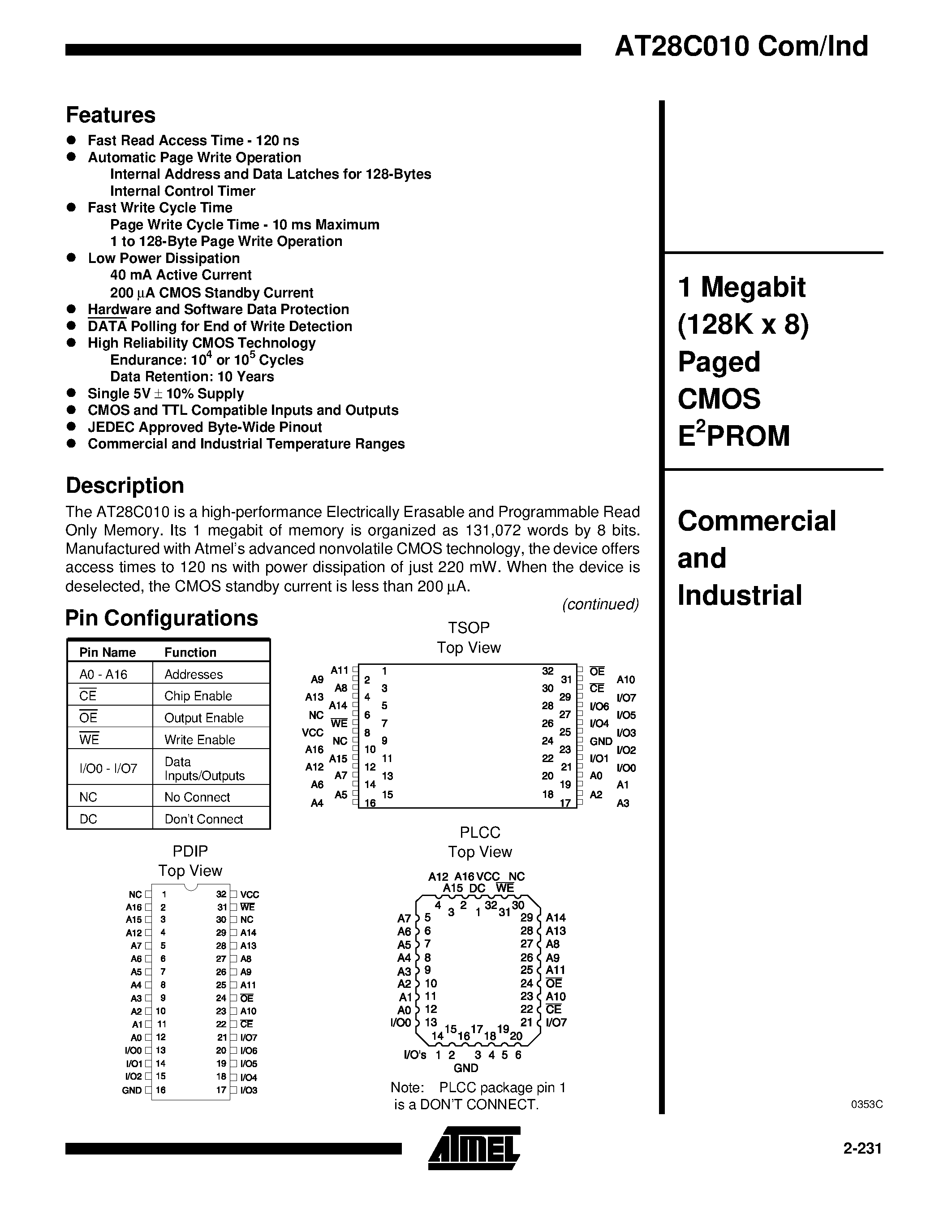 Даташит AT28C010E-12PI - 1 Megabit 128K x 8 Paged CMOS E2PROM страница 1