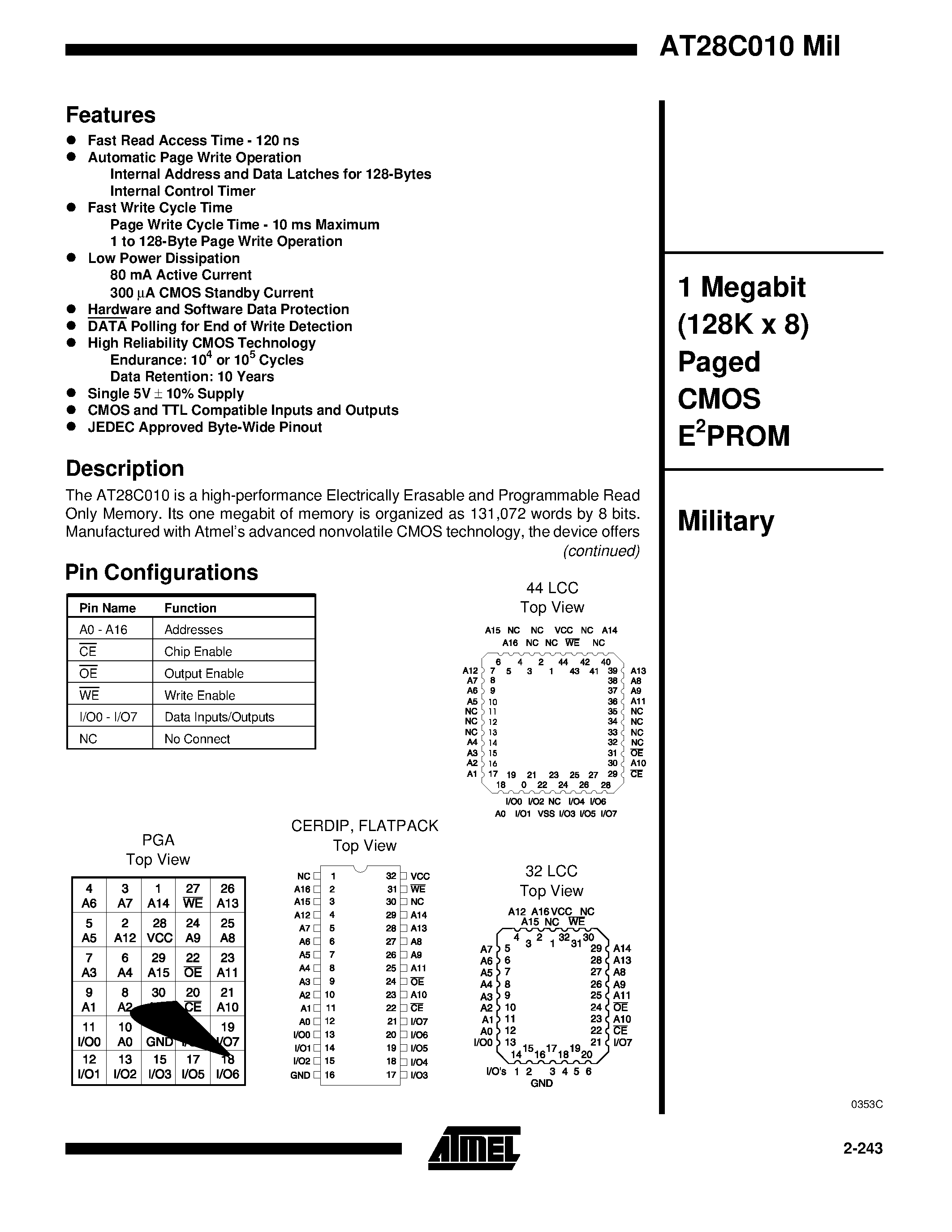 Даташит на микросхему AT28C010E-15DM/883 страница 1 Даташит AT28C010E-15DM/883 - 1 Megabit 128K x 8 Paged CMOS E2PROM страница 1