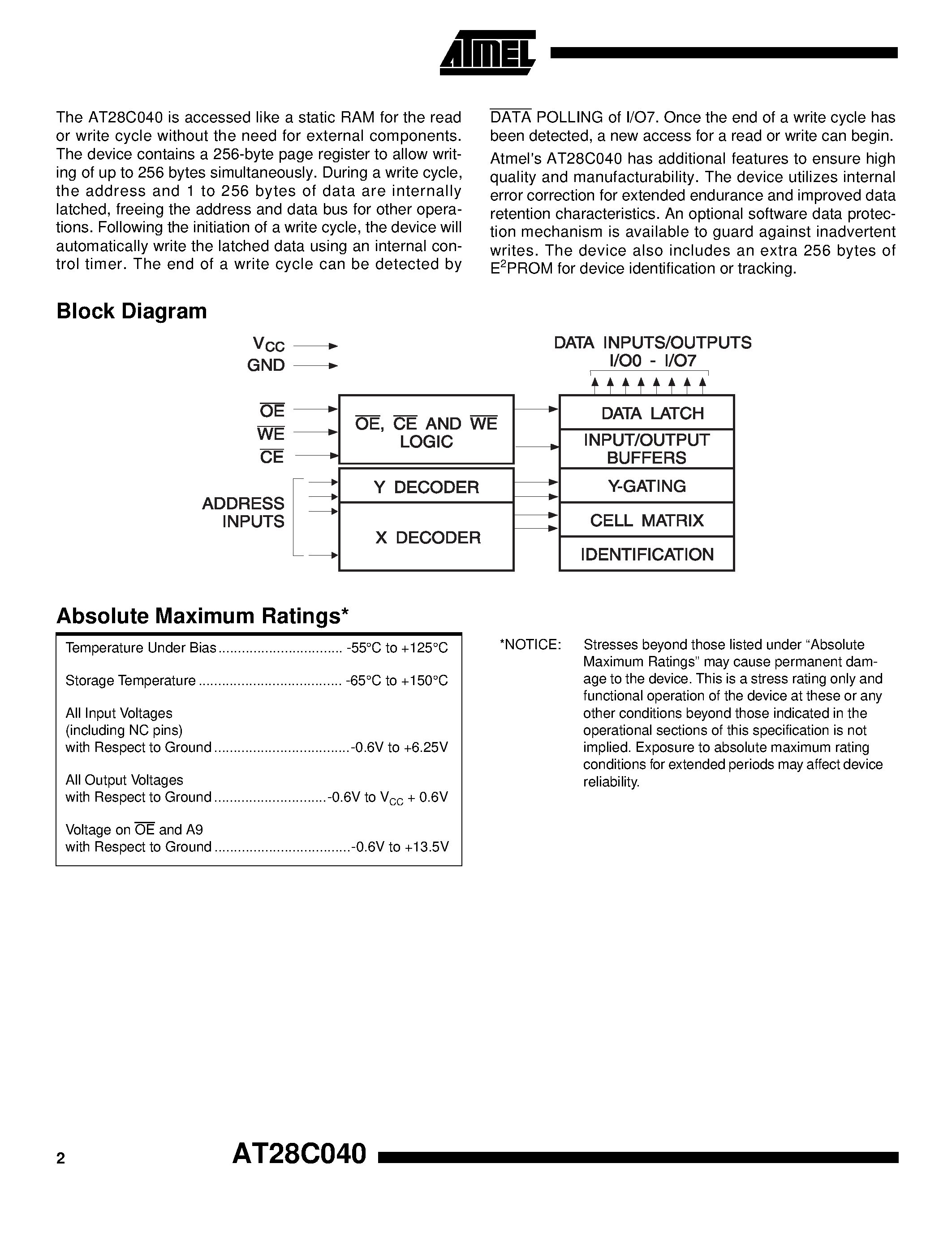 Datasheet AT28C040-25FC - 4-Megabit 512K x 8 Paged E2PROM page 2