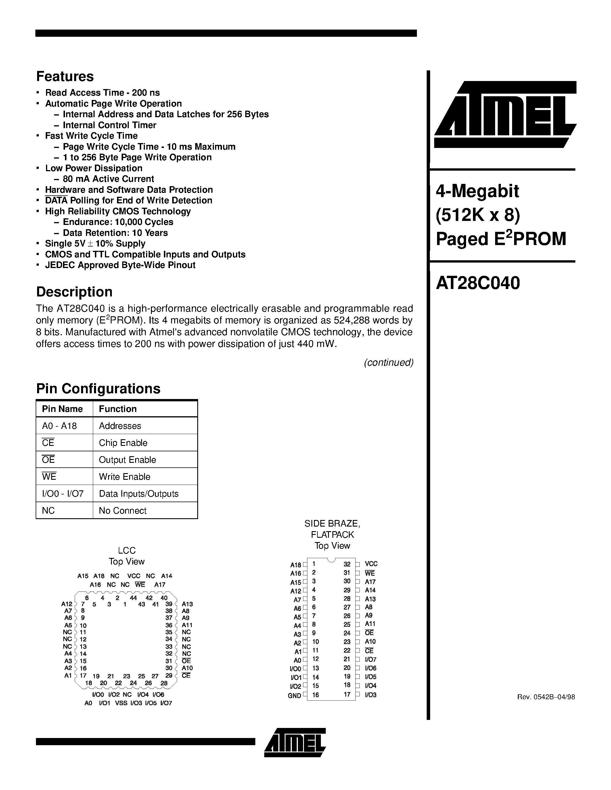Datasheet AT28C040-25LI - 4-Megabit 512K x 8 Paged E2PROM page 1