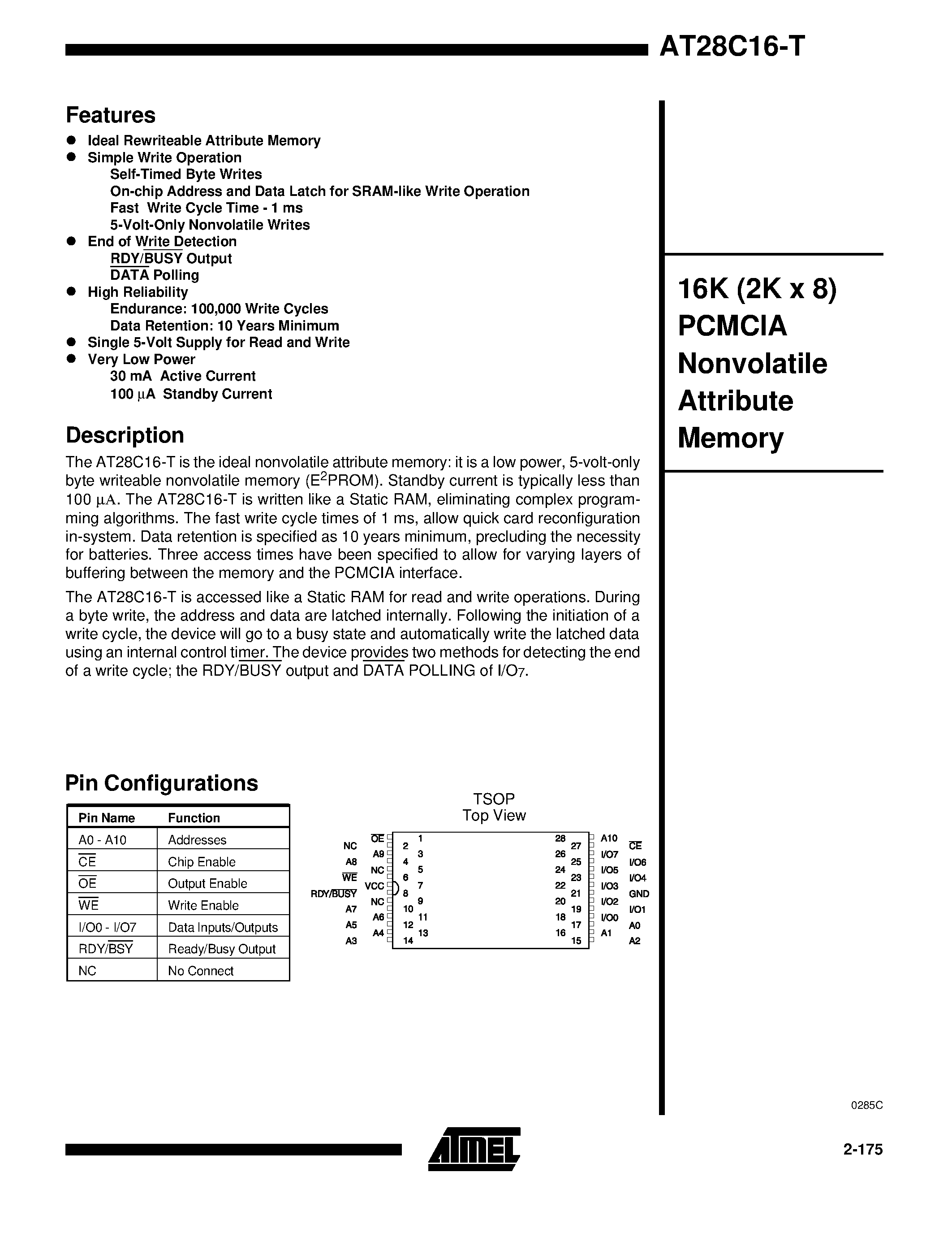 Даташит AT28C16-15TI - 16K 2K x 8 PCMCIA Nonvolatile Attribute Memory страница 1