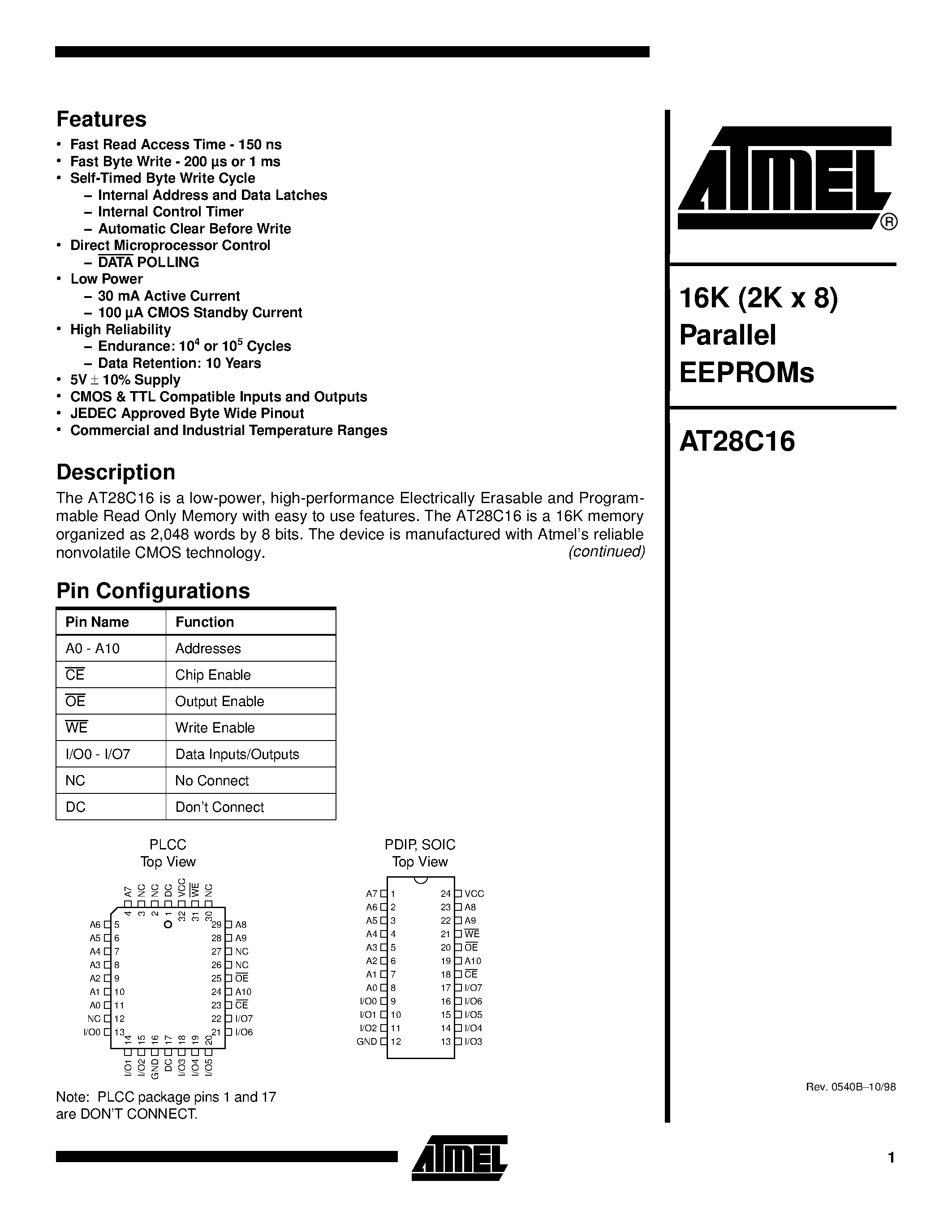 Даташит AT28C16E-15JC - 16K 2K x 8 CMOS E2PROM страница 1