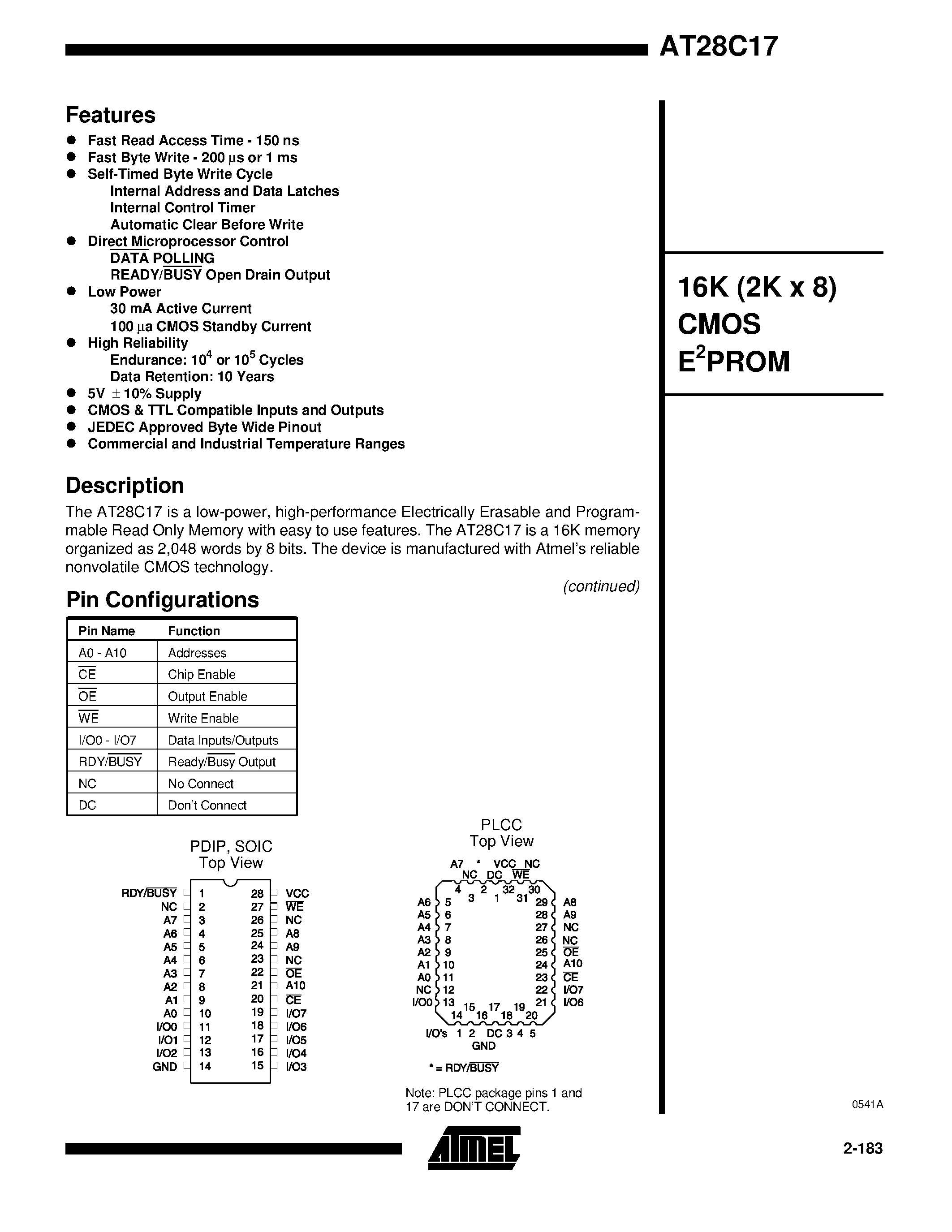 Datasheet AT28C17-W page 1 Datasheet AT28C17-W - 16K 2K x 8 CMOS E2PROM page 1