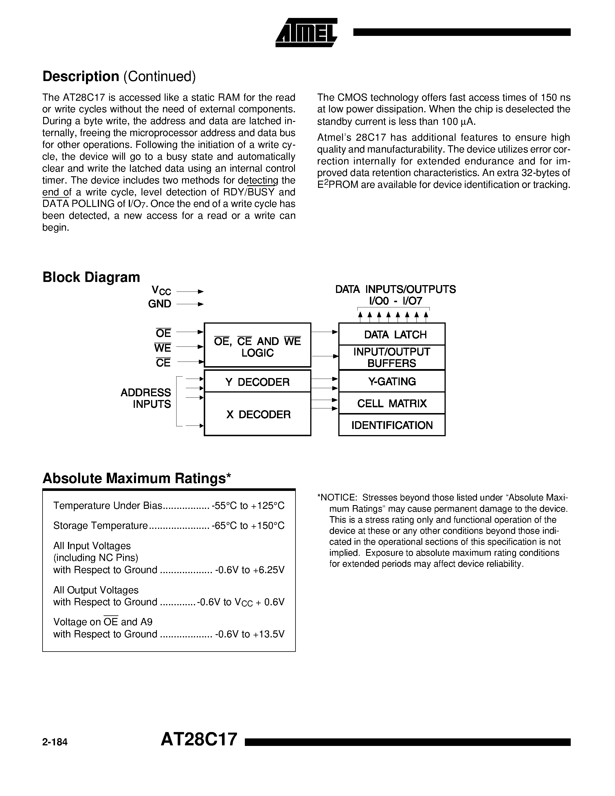 Datasheet AT28C17-W page 2 Datasheet AT28C17-W - 16K 2K x 8 CMOS E2PROM page 2