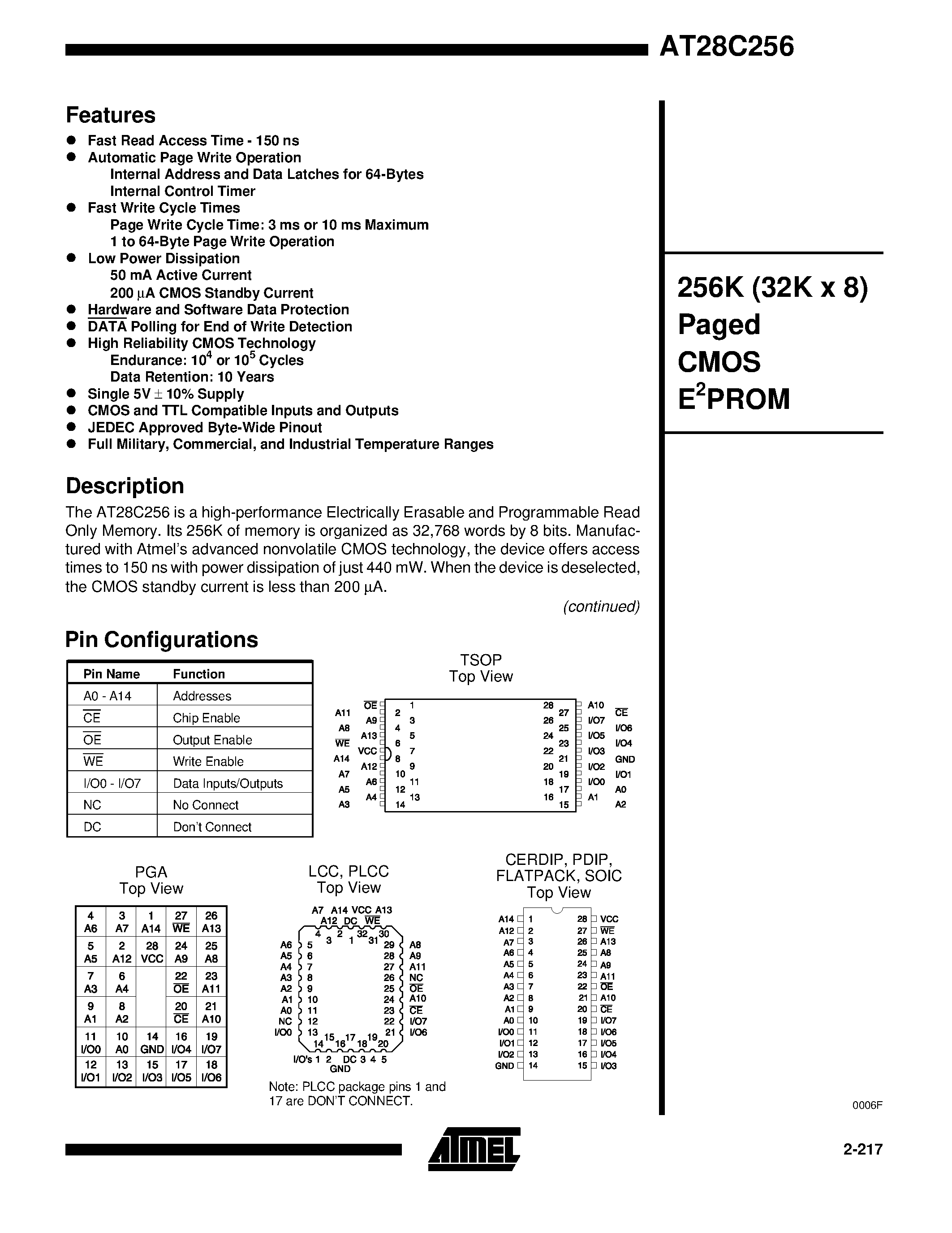 Datasheet AT28C256-W page 1 Datasheet AT28C256-W - 256K 32K x 8 Paged CMOS E2PROM page 1