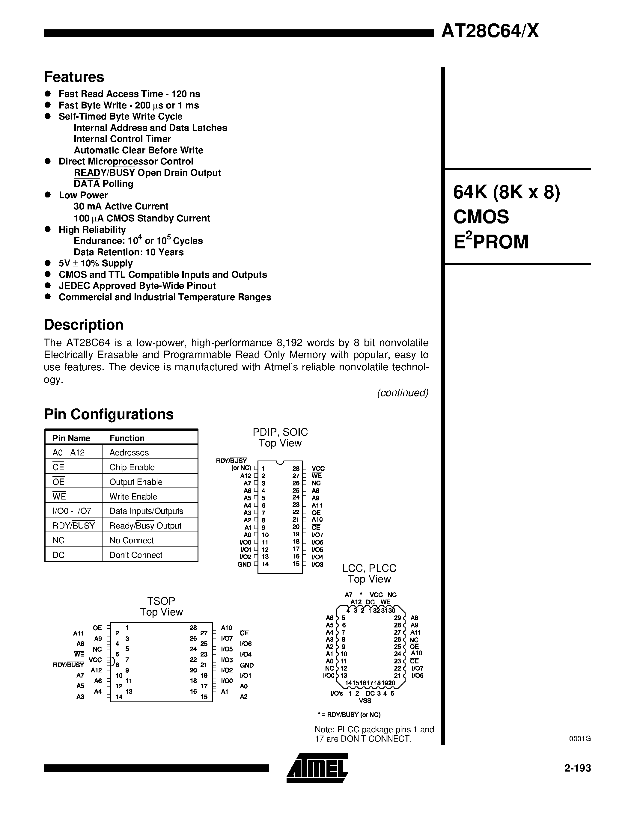 Datasheet AT28C64-W page 1 Datasheet AT28C64-W - 64K 8K x 8 CMOS E2PROM page 1
