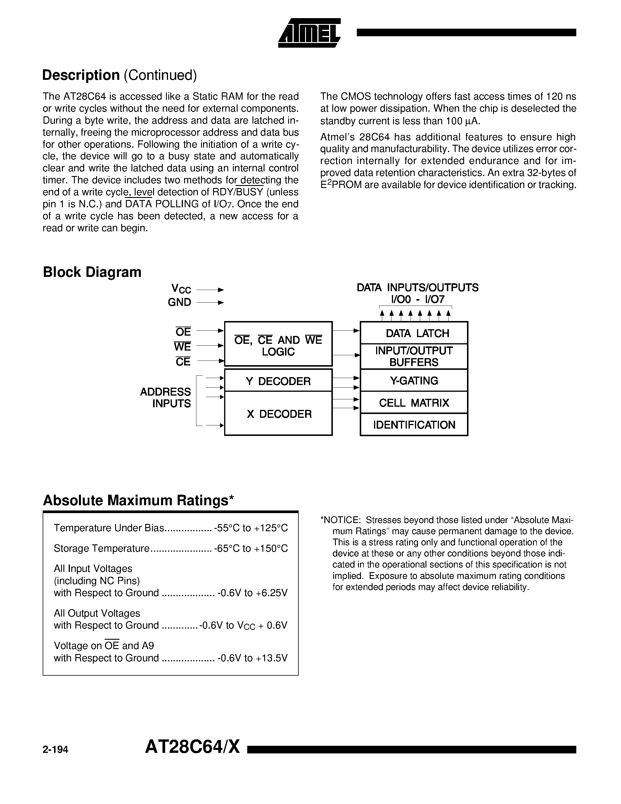 Datasheet AT28C64-W page 2 Datasheet AT28C64-W - 64K 8K x 8 CMOS E2PROM page 2