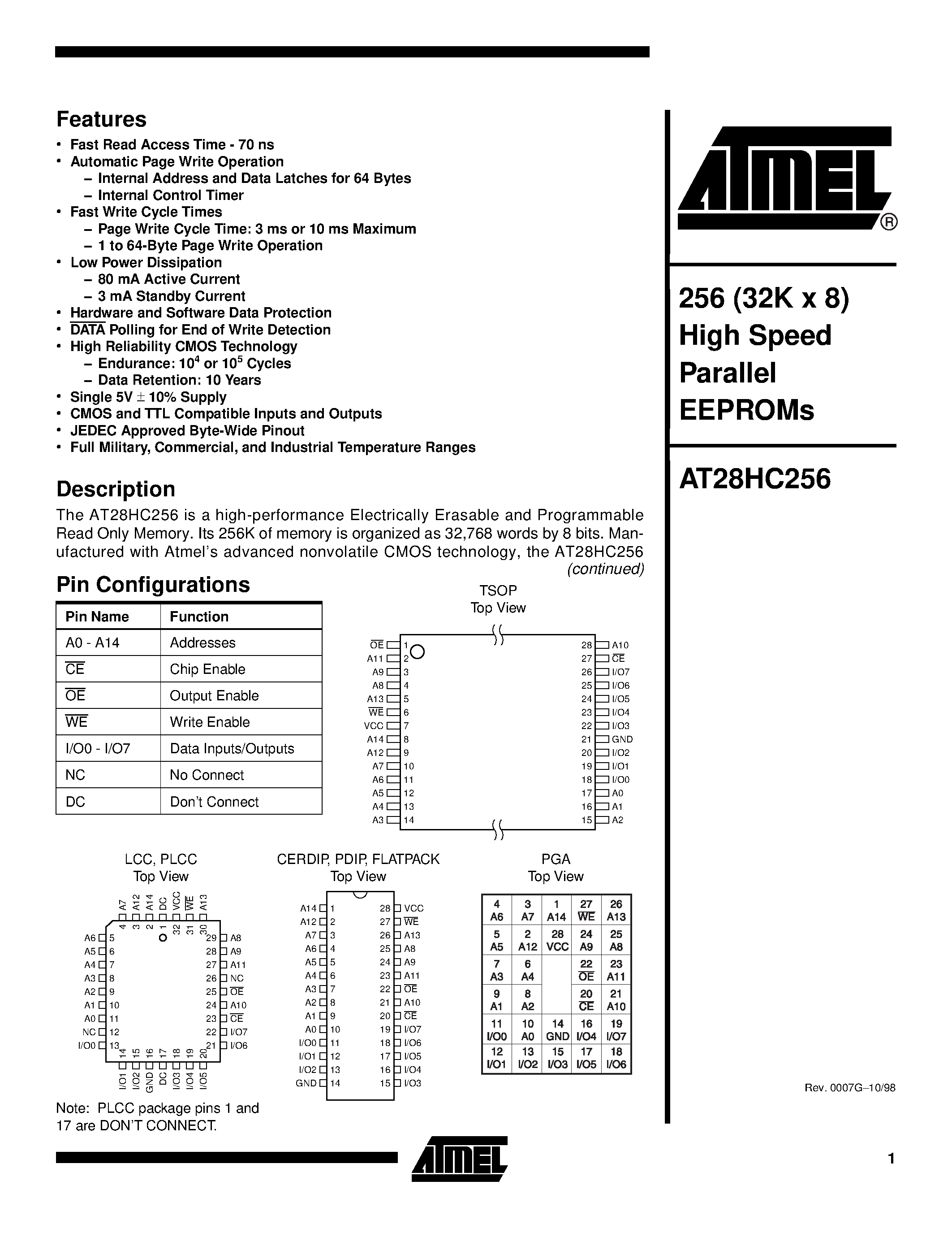 Даташит AT28HC256-12FM/883 - 256 32K x 8 High Speed CMOS E2PROM страница 1