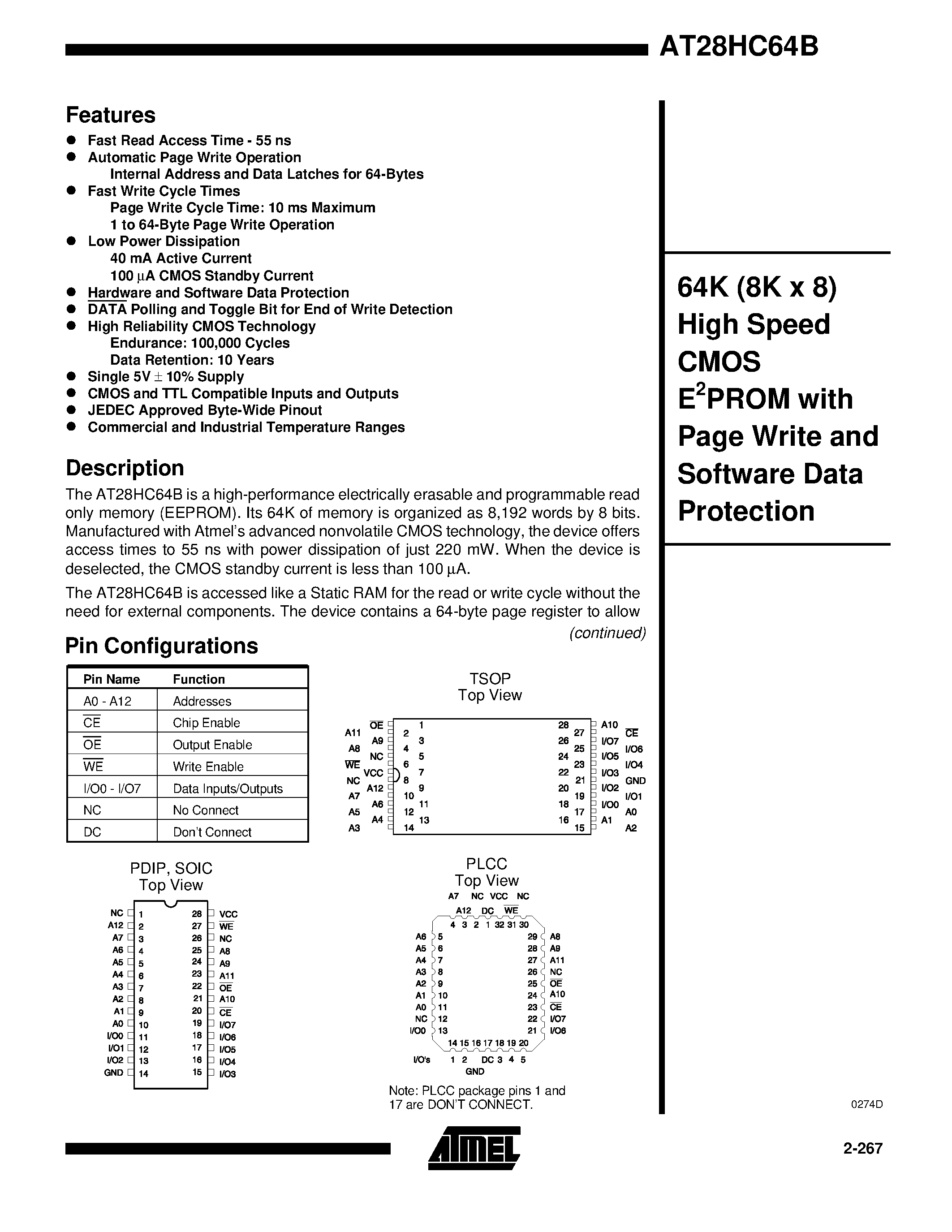 Даташит AT28HC64B-70TI - 64K 8K x 8 High Speed CMOS E2PROM with Page Write and Software Data Protection страница 1