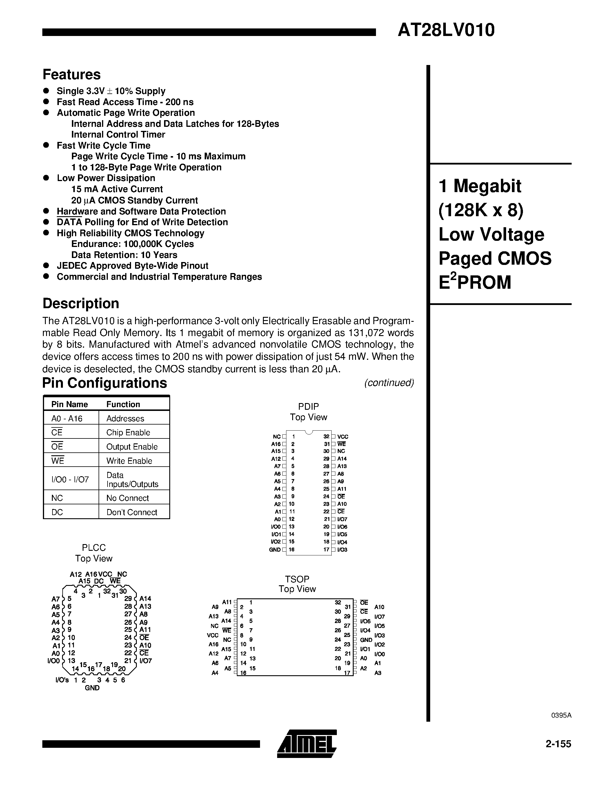 Даташит на микросхему AT28LV010-25PI страница 1 Даташит AT28LV010-25PI - 1 Megabit 128K x 8 Low Voltage Paged CMOS E2PROM страница 1