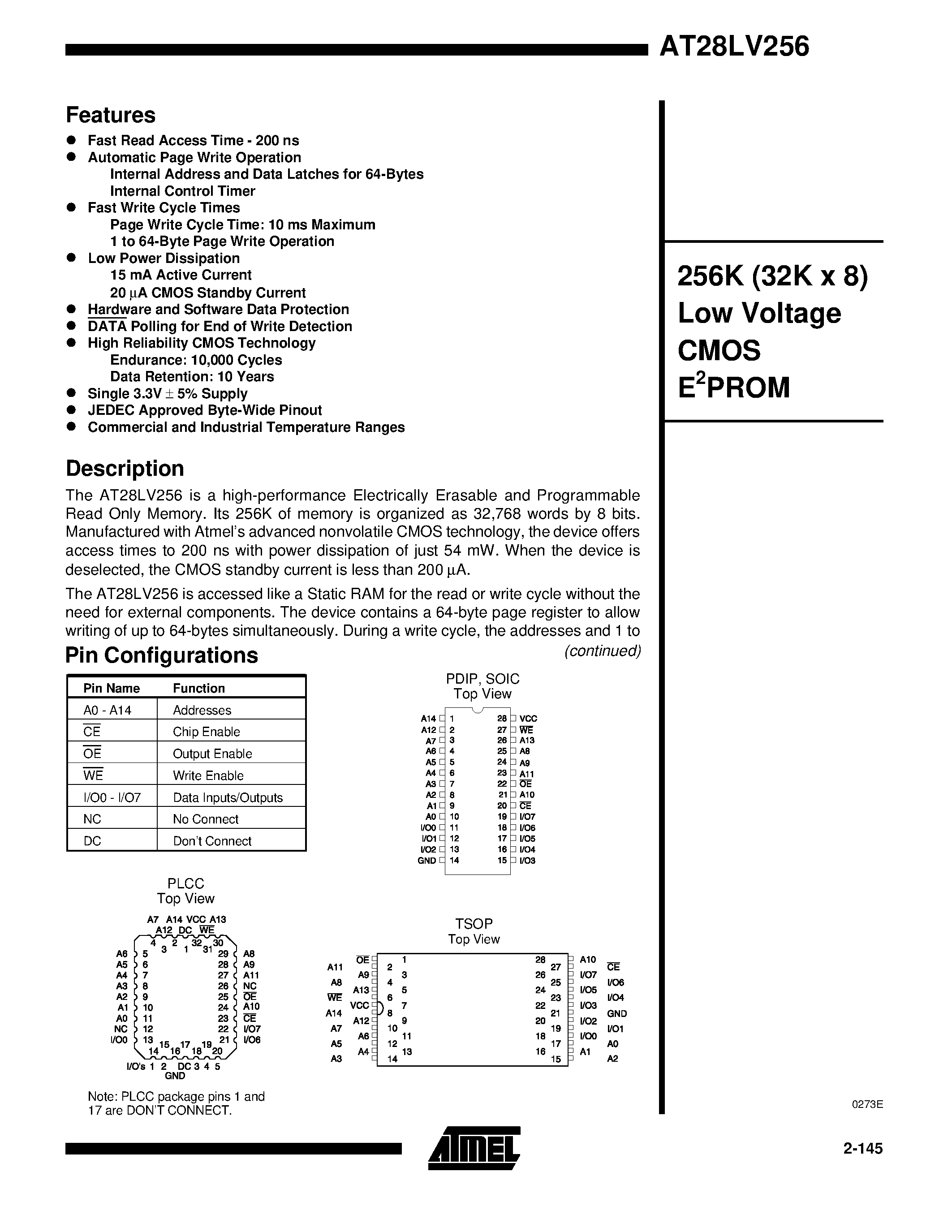 Даташит AT28LV256-25SC - 256K 32K x 8 Low Voltage CMOS E2PROM страница 1