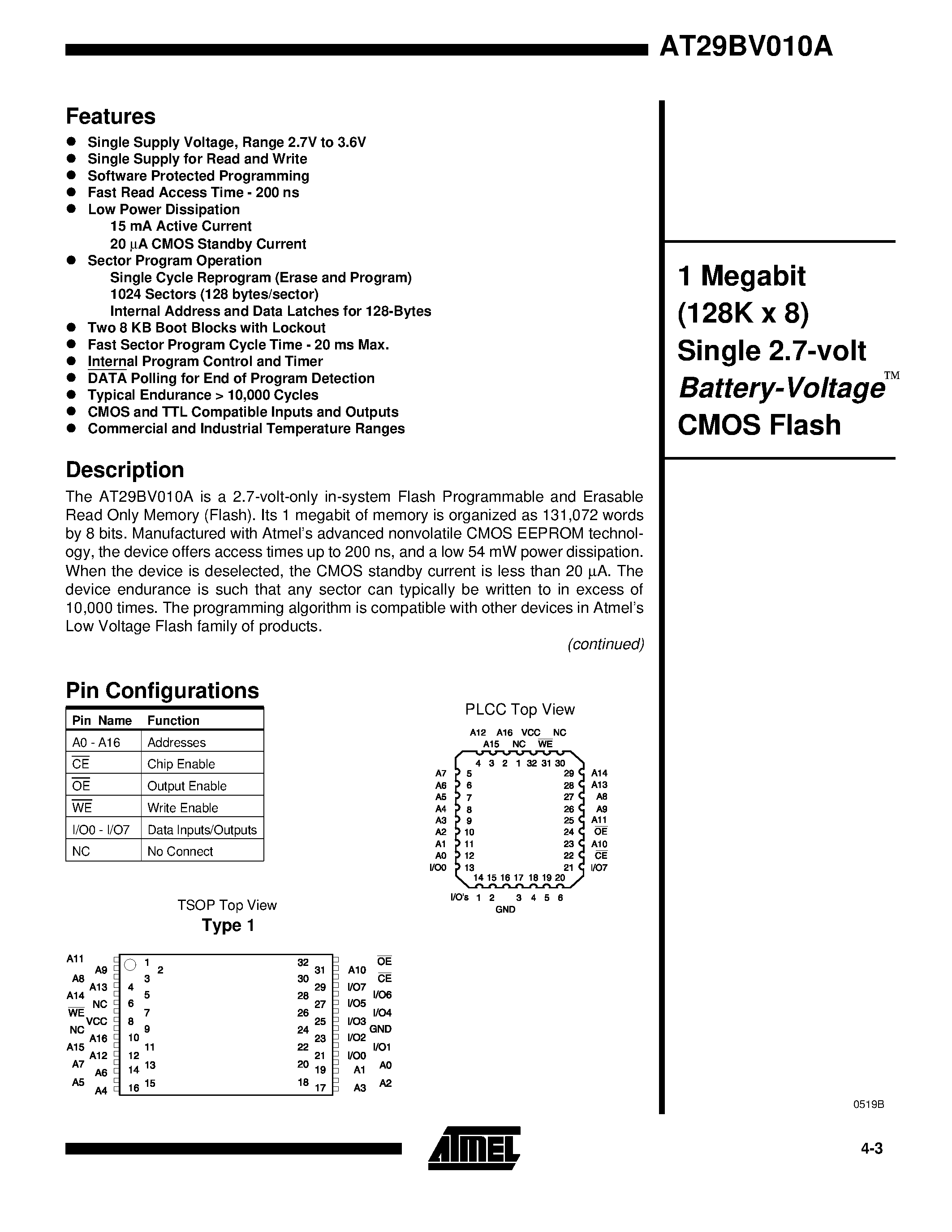 Datasheet AT29BV010A-20 - 1 Megabit 128K x 8 Single 2.7-volt Battery-Voltage CMOS Flash page 1