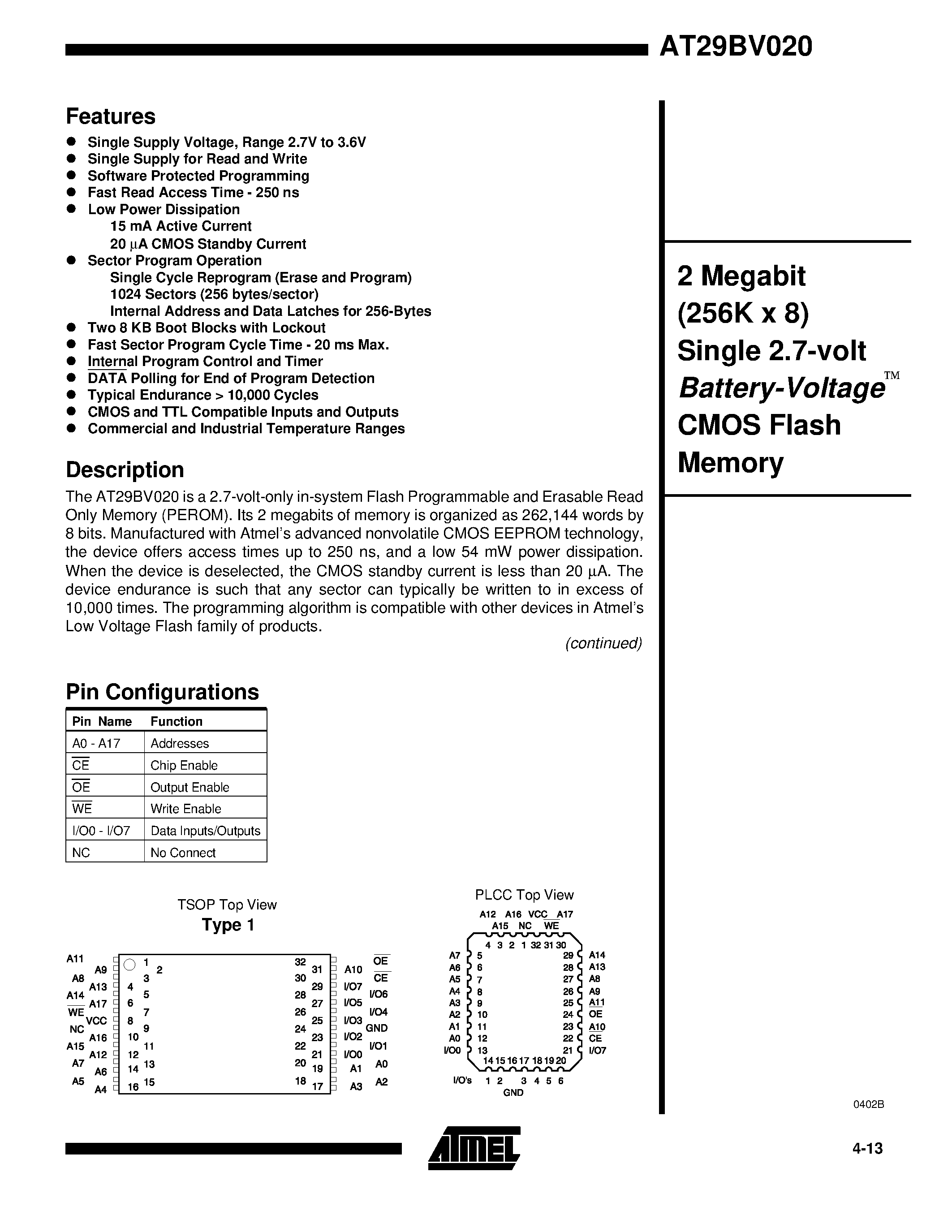 Datasheet AT29BV020 page 1 Datasheet AT29BV020 - 2 Megabit 256K x 8 Single 2.7-volt Battery-Voltage CMOS Flash Memory page 1