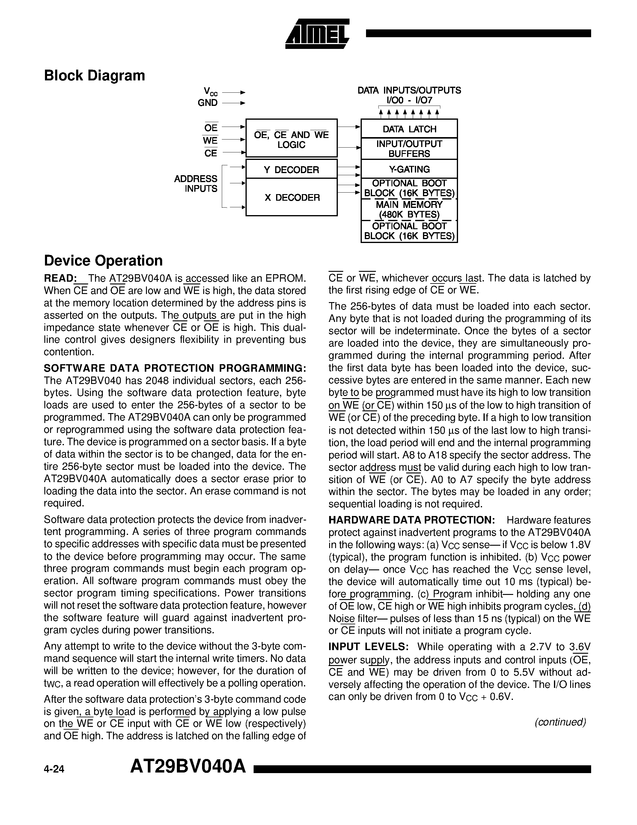 Datasheet AT29BV040A-35TI page 2 Datasheet AT29BV040A-35TI - 4 Megabit 512K x 8 Single 2.7-volt Battery-Voltage CMOS Flash Memory page 2