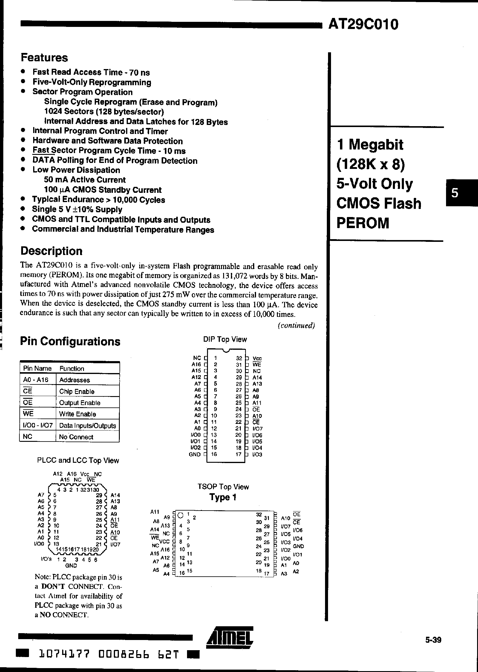 Datasheet AT29C010 - 1 Megabit 128K x 8 5-volt Only CMOS Flash Memory page 1